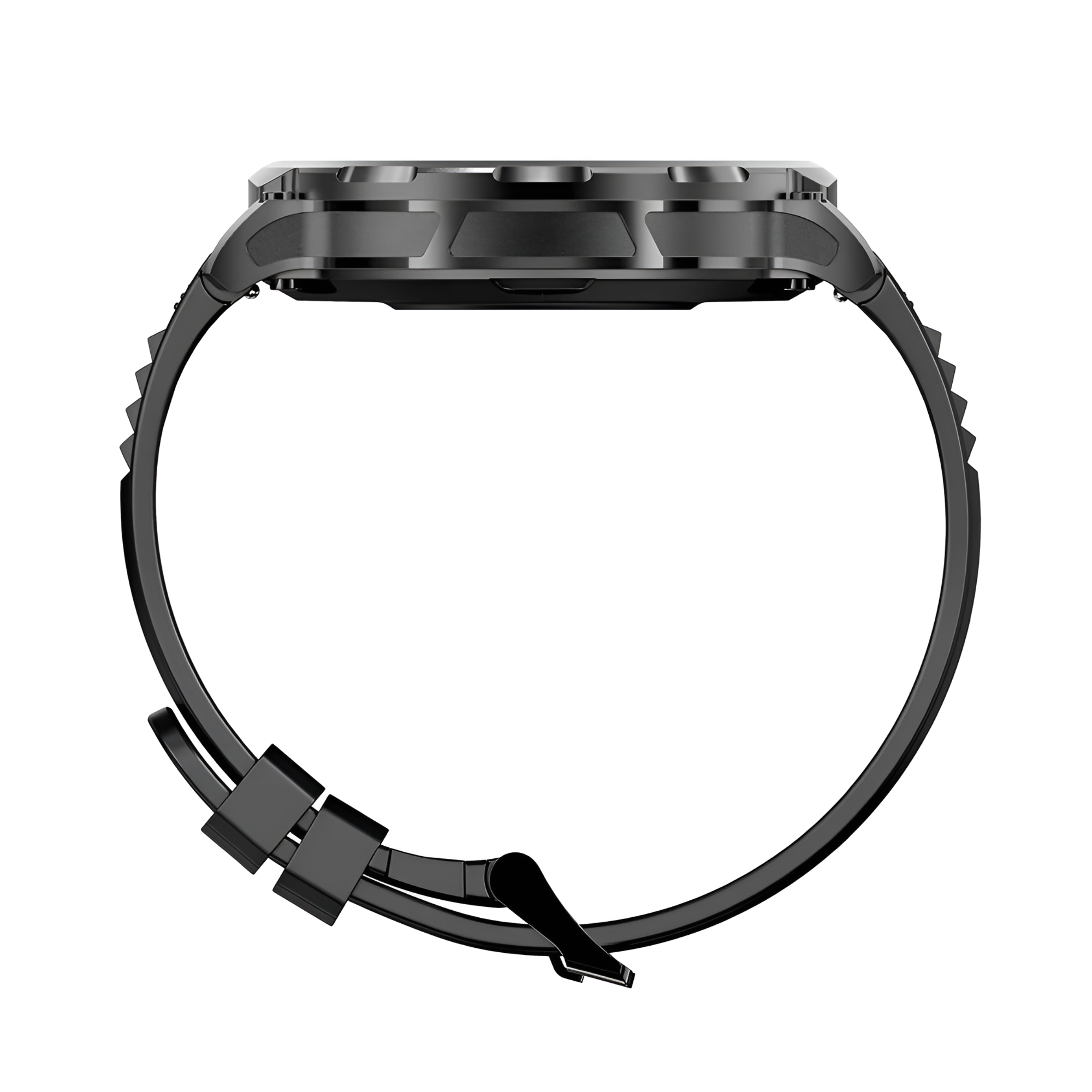 Eine schwarze Smartwatch, Seitenansicht. Die Uhr hat ein schwarzes Armband und eine schwarze Schnalle. Der Hintergrund ist weiß.