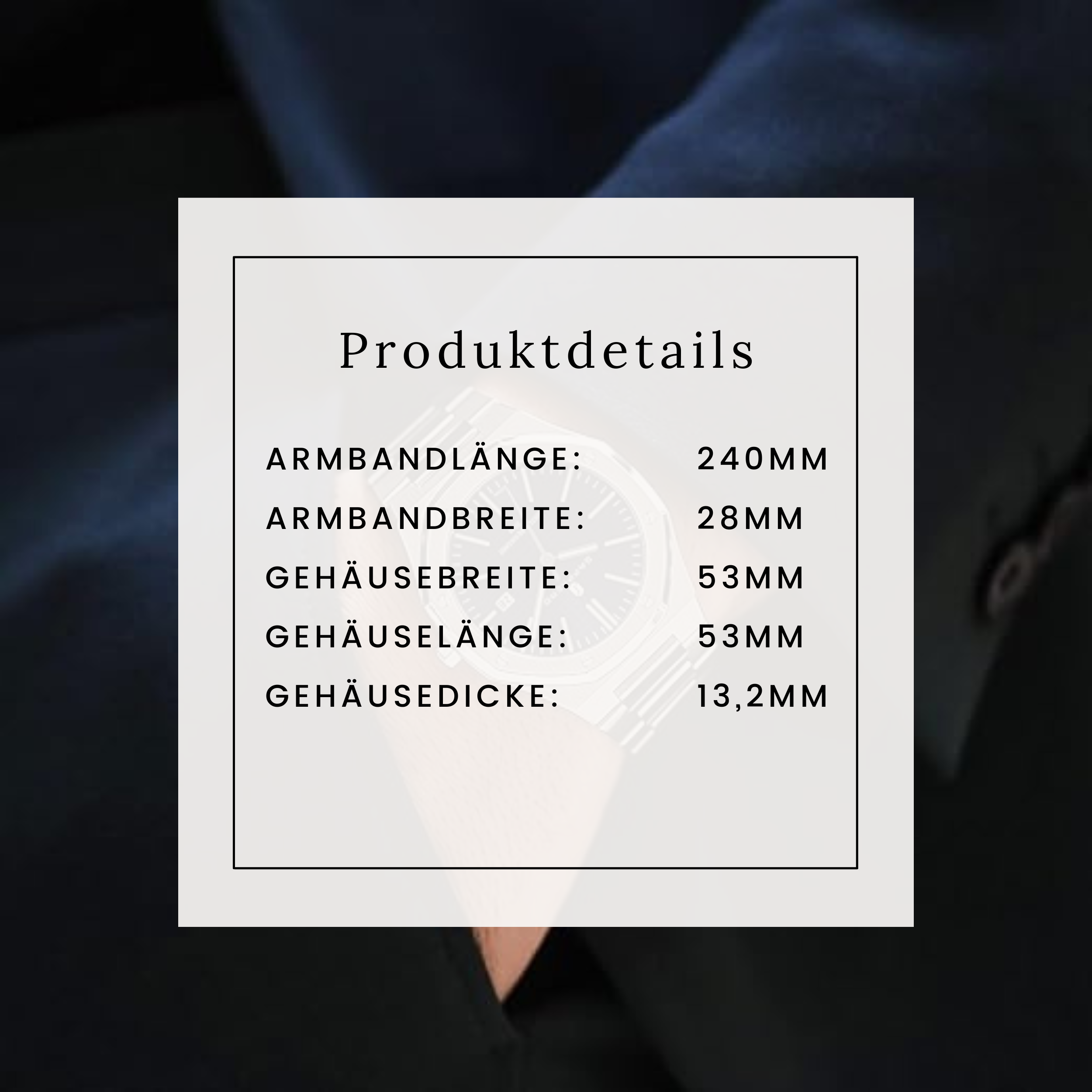 Eine Grafik mit Produktdetails zeigt die Abmessungen einer Uhr. Sie enthält Bandlänge, -breite und Gehäuseabmessungen.