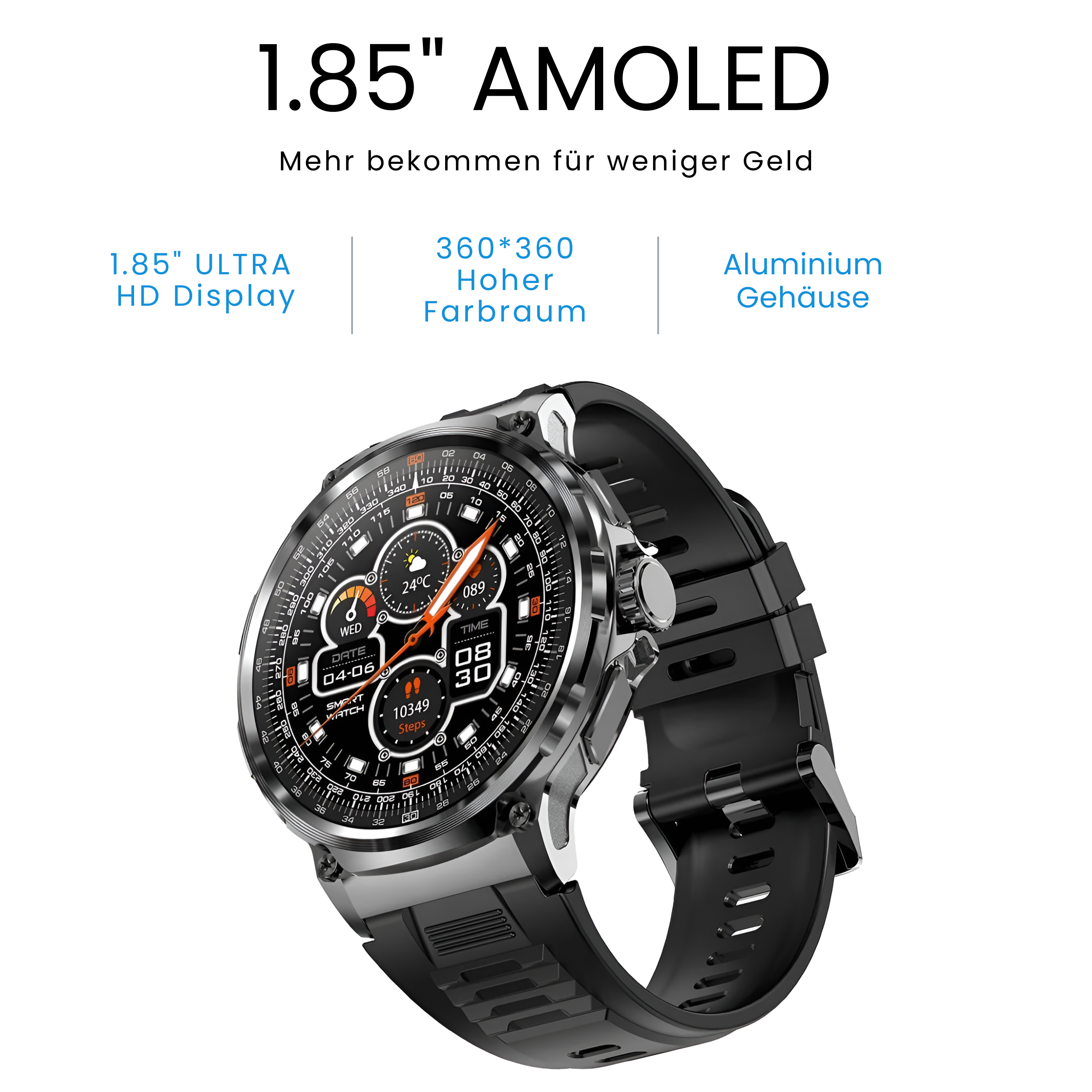 Eine schwarze Smartwatch zeigt Zeit und Daten an. Sie hat ein schwarzes Armband und ein silbernes Gehäuse. Text: 1,85 AMOLED.