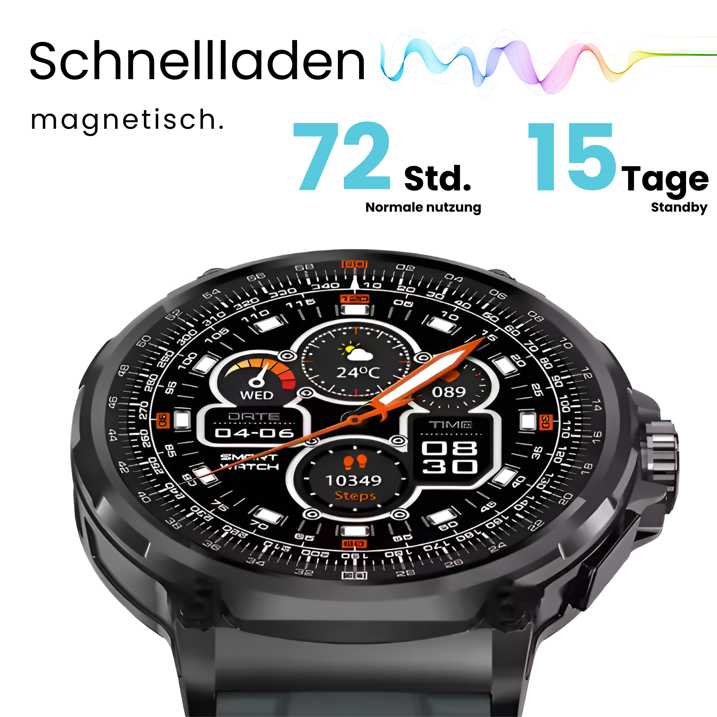 Schwarze Smartwatch mit digitaler Anzeige, die Zeit, Datum, Schritte und Temperatur anzeigt. Text zeigt 72h Nutzung und 15 Tage Standby.