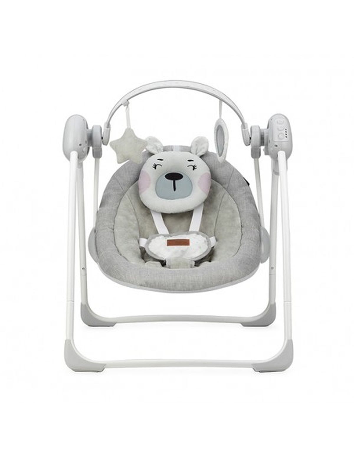 Eine Babywippe in Grau und Weiß. Sie hat eine bärenförmige Kopfstütze und ein sternförmiges Spielzeug.