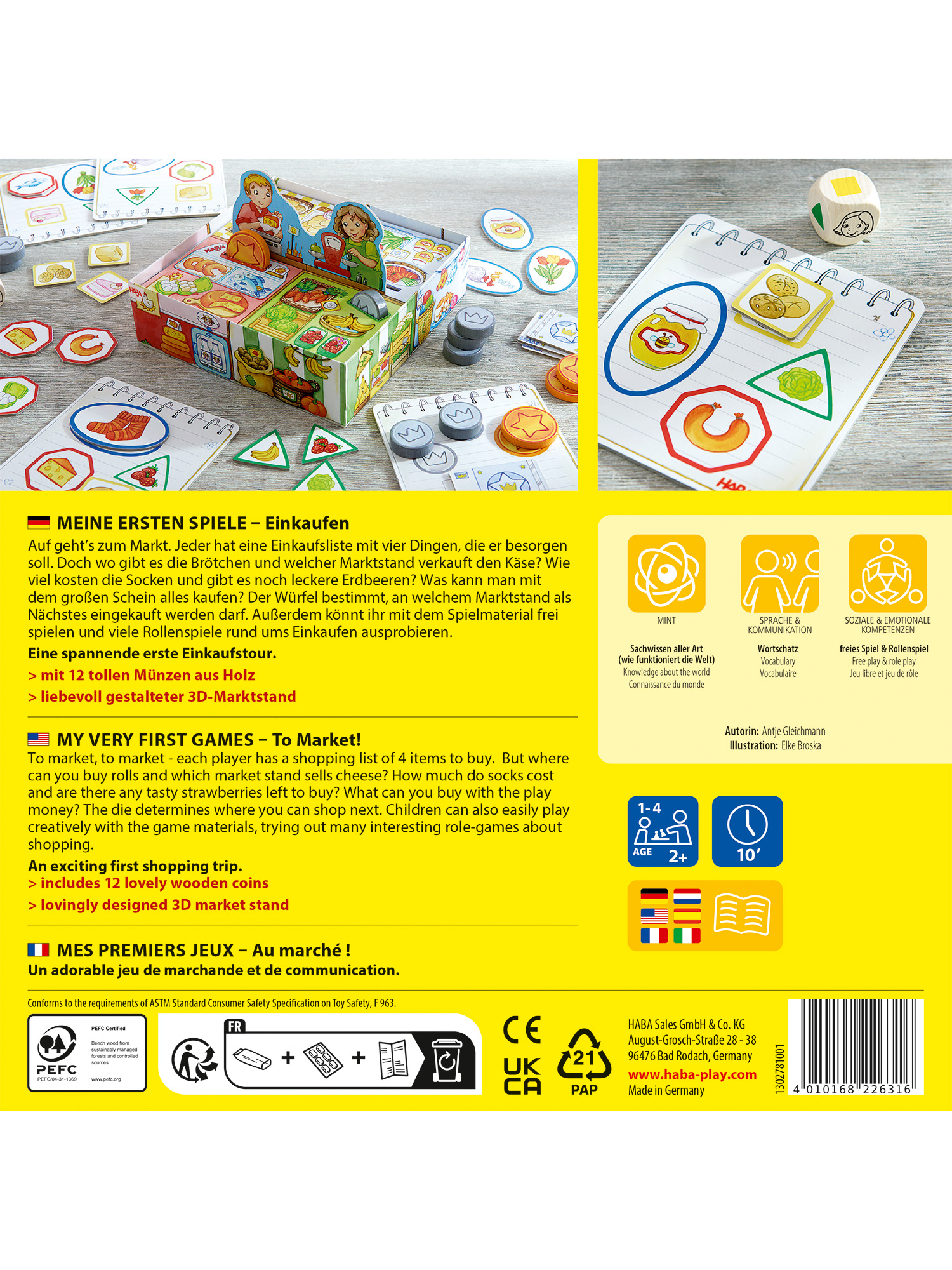 Spielbox mit Marktszene. Enthält Spielsteine, Würfel und Einkaufslisten. Die Box hat farbenfrohe Illustrationen von Lebensmitteln.