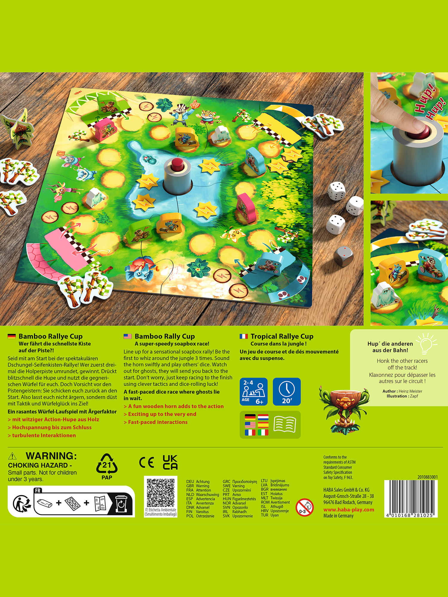 Ein Brettspiel mit Dschungel-Thema, Würfeln und Spielzeugautos, mit Text und Warnungen.