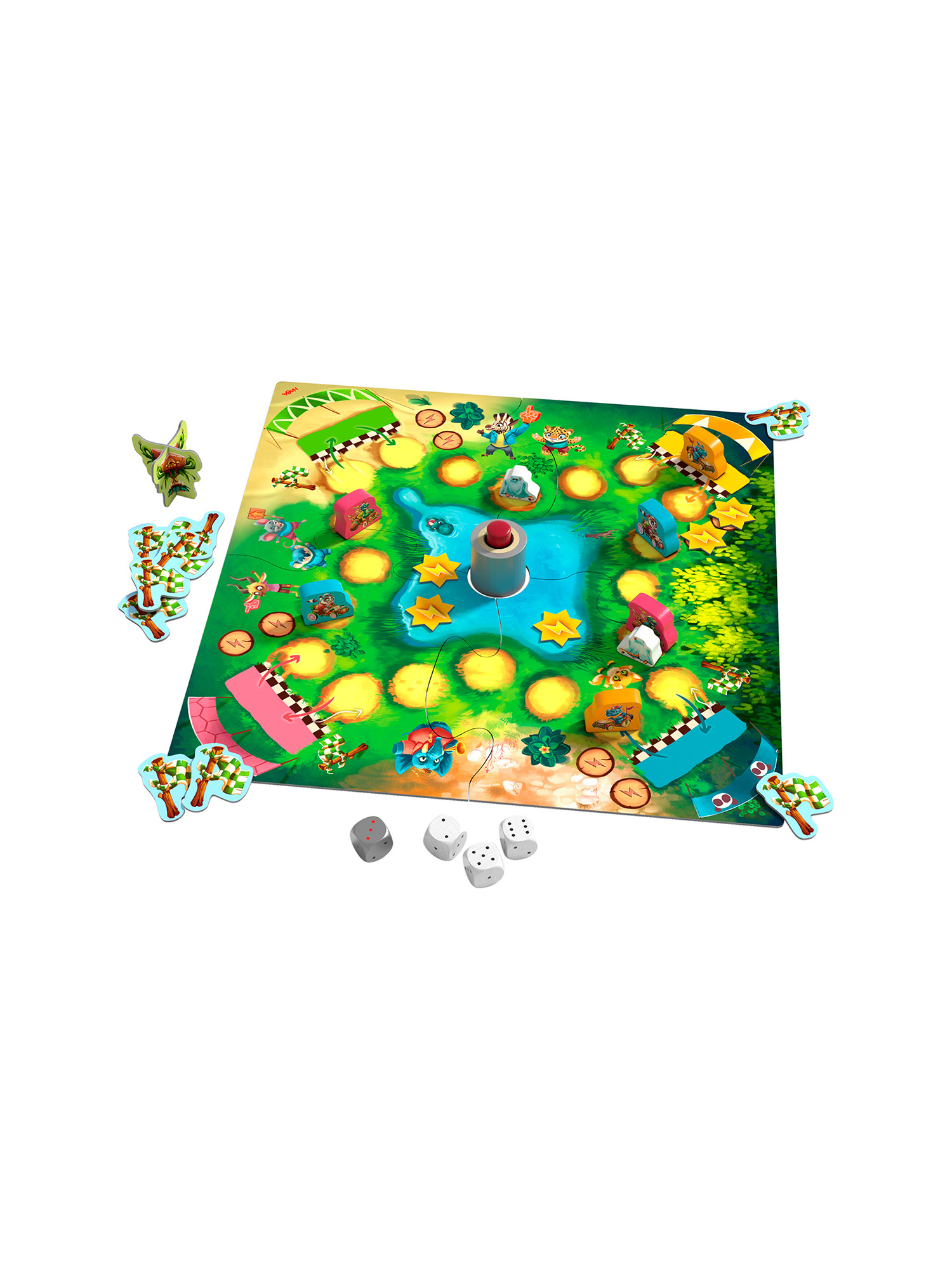 Brettspiel mit einem zentralen Turm, Würfeln und Tierfiguren, auf einer bunten Landschaft mit Bäumen und Wasser.