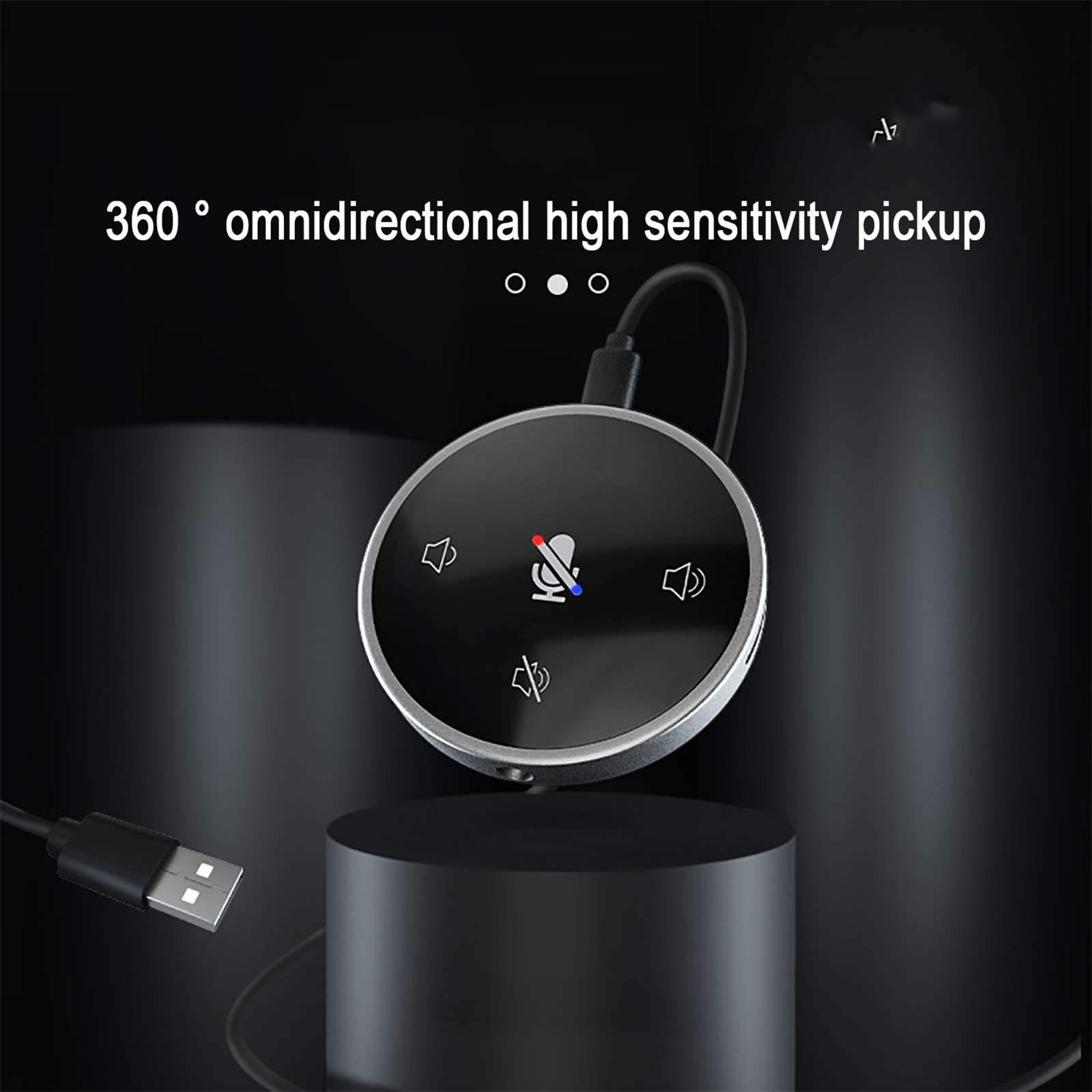 Ein schwarzes Mikrofon-Gerät mit silbernem Rand. Es hat ein USB-Kabel und weißen Text auf schwarzem Hintergrund.