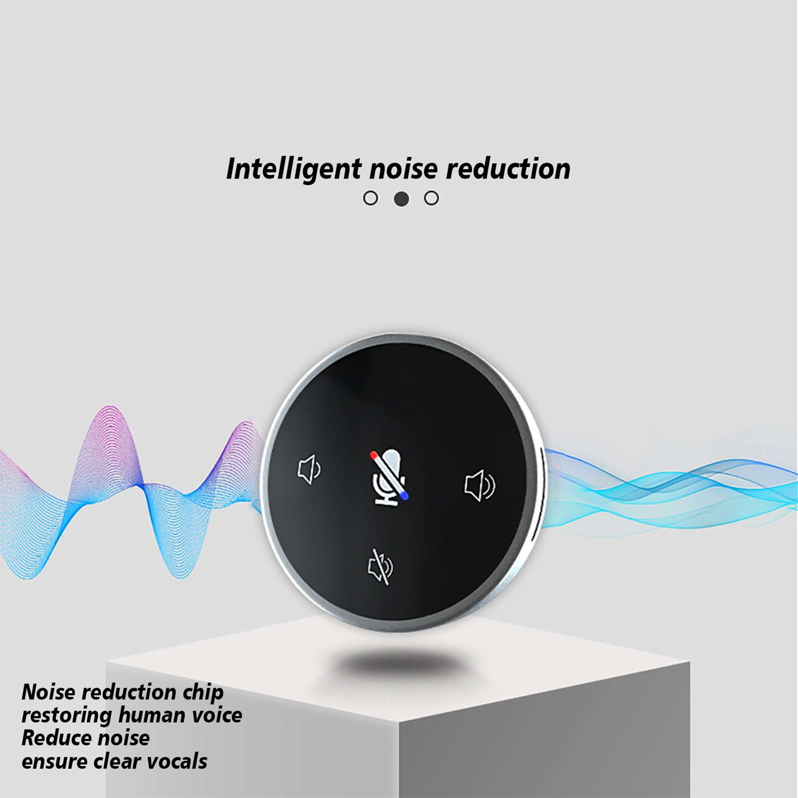 Ein schwarzes, kreisförmiges Gerät mit Symbolen, Text 'Intelligente Rauschunterdrückung' und Schallwellengrafiken auf weißem Hintergrund.