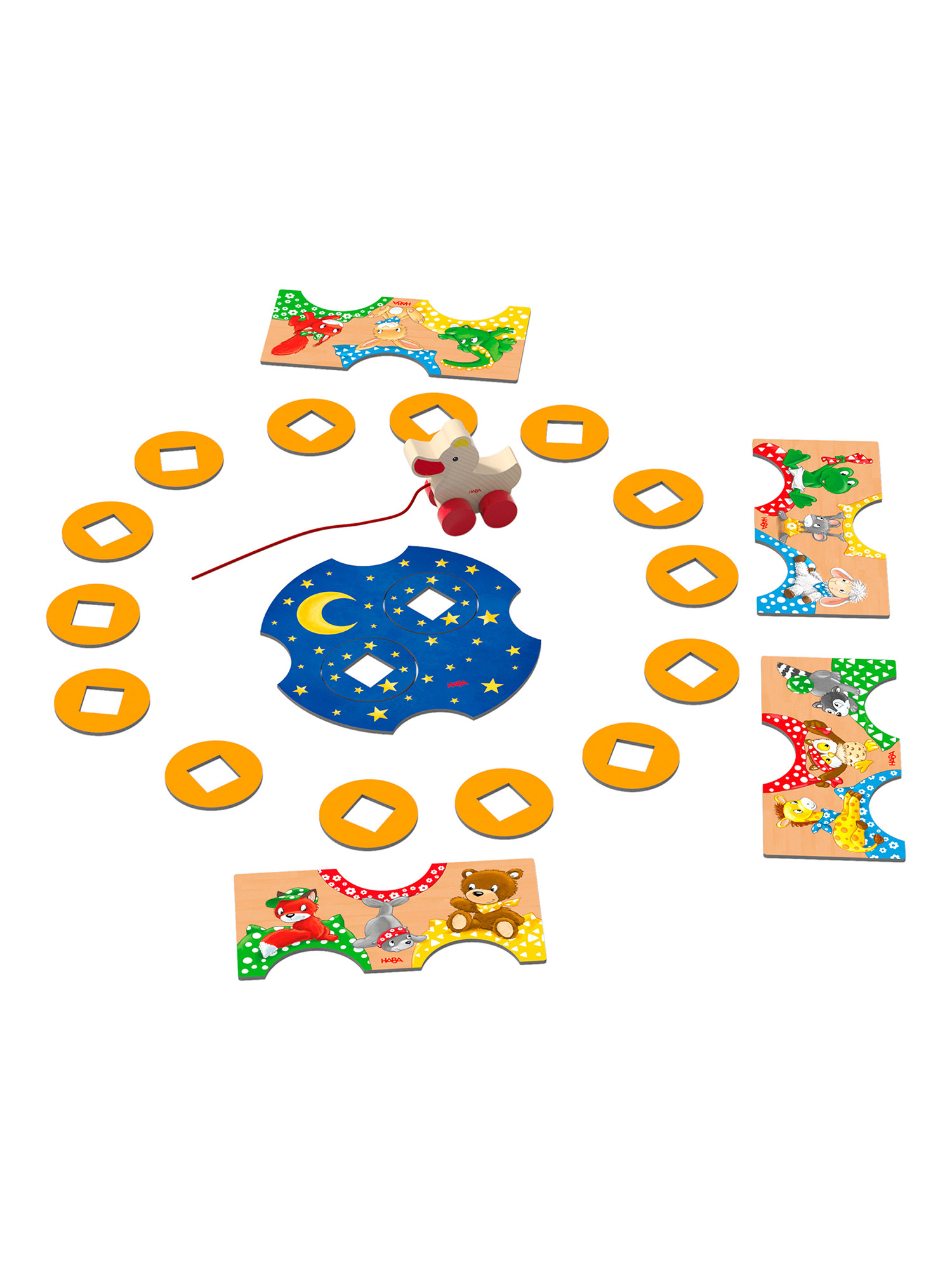 Holzspielzeug-Puzzle mit Tierfiguren, Mond und Sternen. Es gibt ein Entenspielzeug und gelbe Kreise.