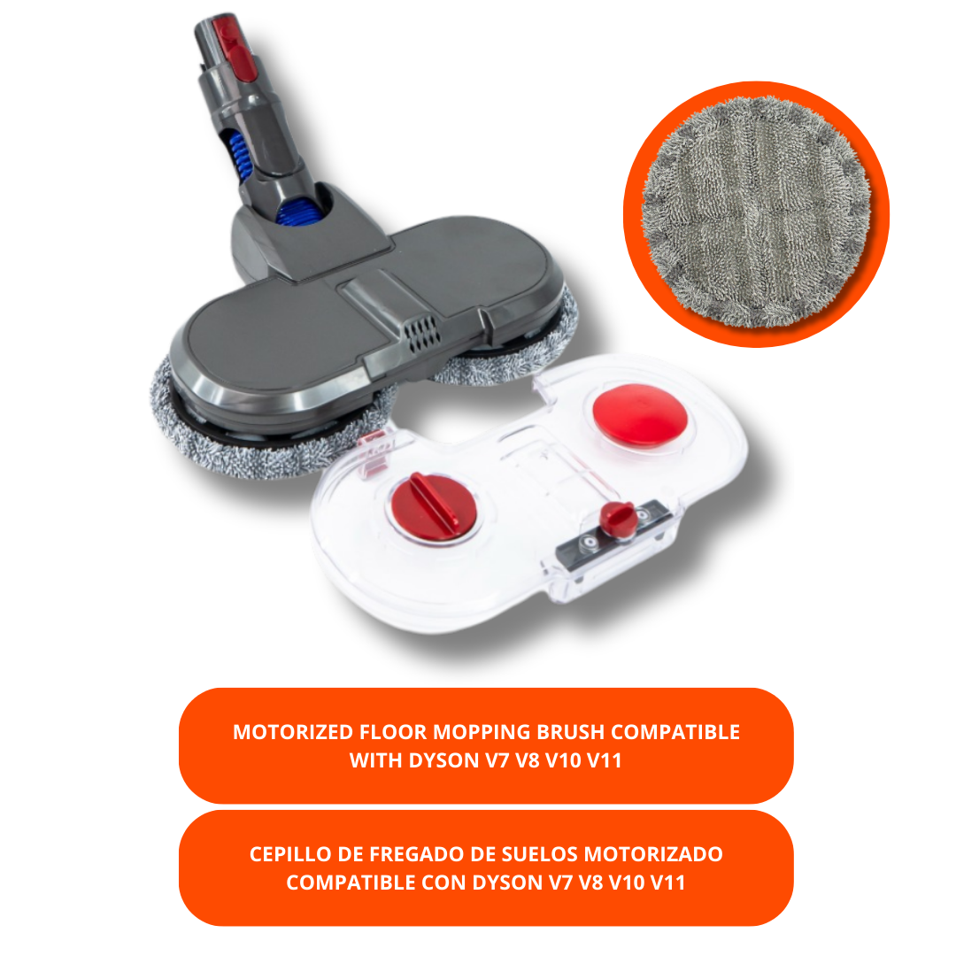 Un cepillo de fregado Dyson con botón rojo, almohadilla redonda separada y texto de compatibilidad con modelos V7, V8, V10, V11.