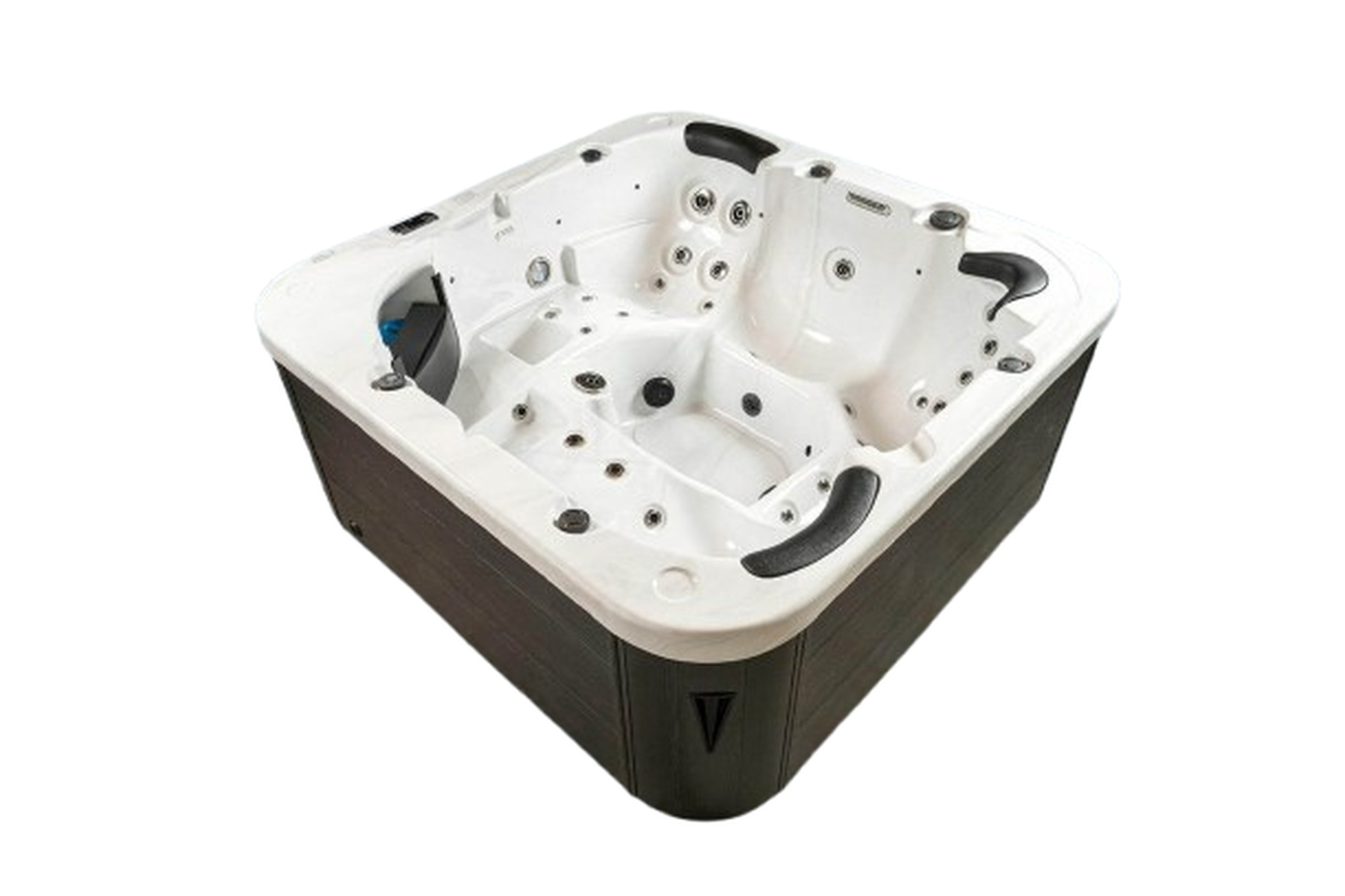 Ein quadratischer Whirlpool mit weißem Innenraum und dunklem Holzdekor. Es hat Düsen und Sitzbereiche. Die Wanne ist leer.