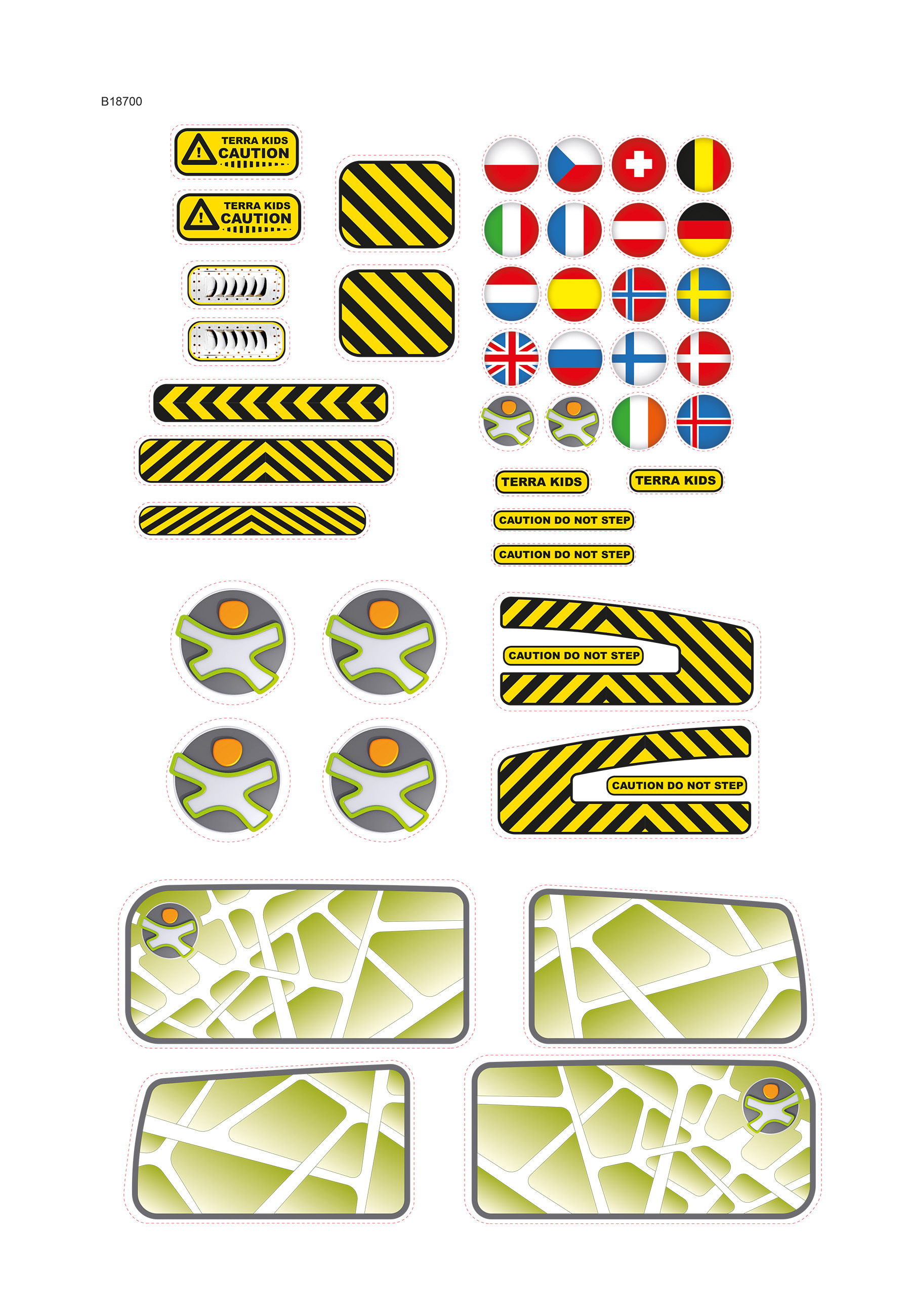 Verschiedene Aufkleber mit Flaggen, Warnschildern und kartenartigen Designs in Gelb, Schwarz, Grün und Weiß.