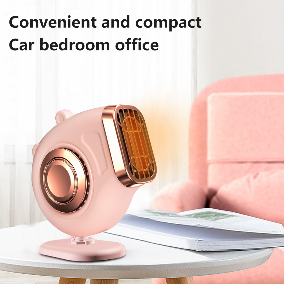Ein rosa-goldener Heizlüfter auf einem weißen Tisch. Im Hintergrund ein rosa Sessel. Text oben: Bequem und kompakt Auto Schlafzimmer Büro.
