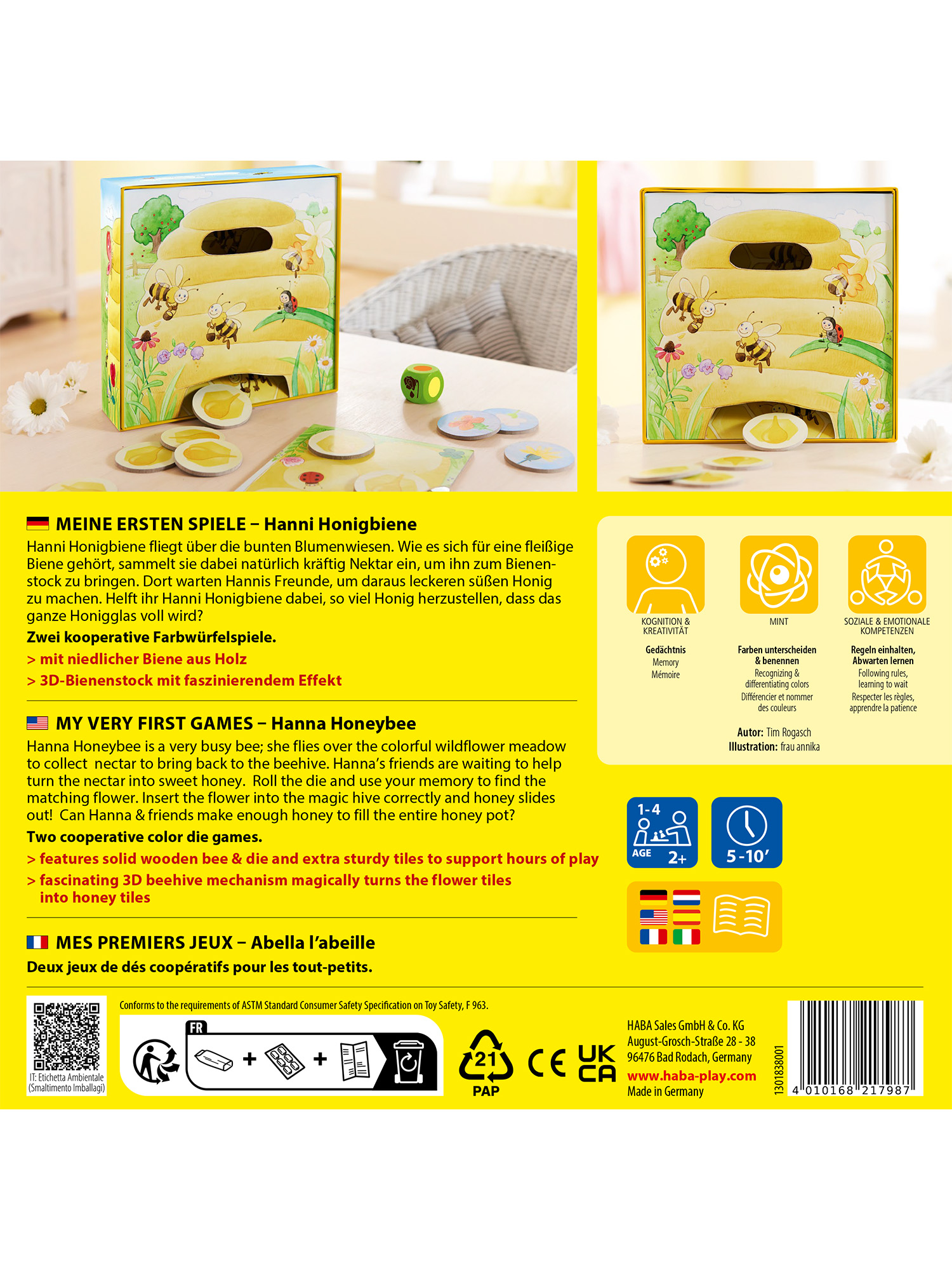 Schachtel zeigt ein Bienenspiel mit 3D-Bienenstock, Bienen, Blumen und Spielsteinen. Text in mehreren Sprachen.