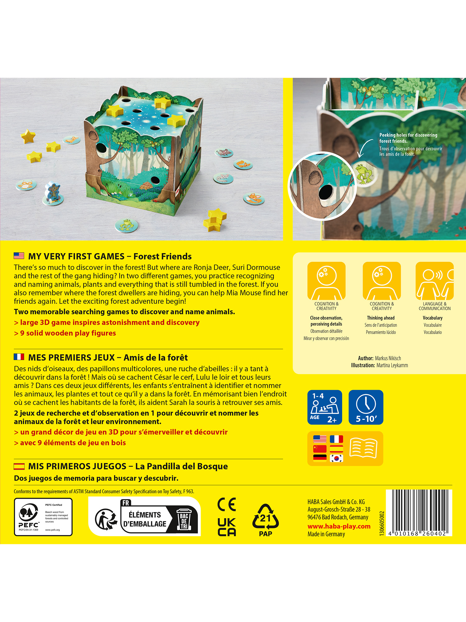 Ein Spielkarton mit Waldszenen. Enthält Holzsterne und Tierfiguren. Text in mehreren Sprachen.
