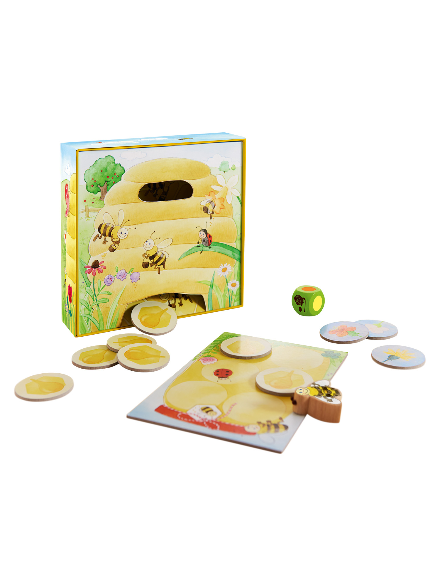 Bienenspiel mit Bienen, Würfeln und Spielsteinen. Ein farbenfroher Spielkarton und hölzerne Bienenstücke sind ebenfalls vorhanden.