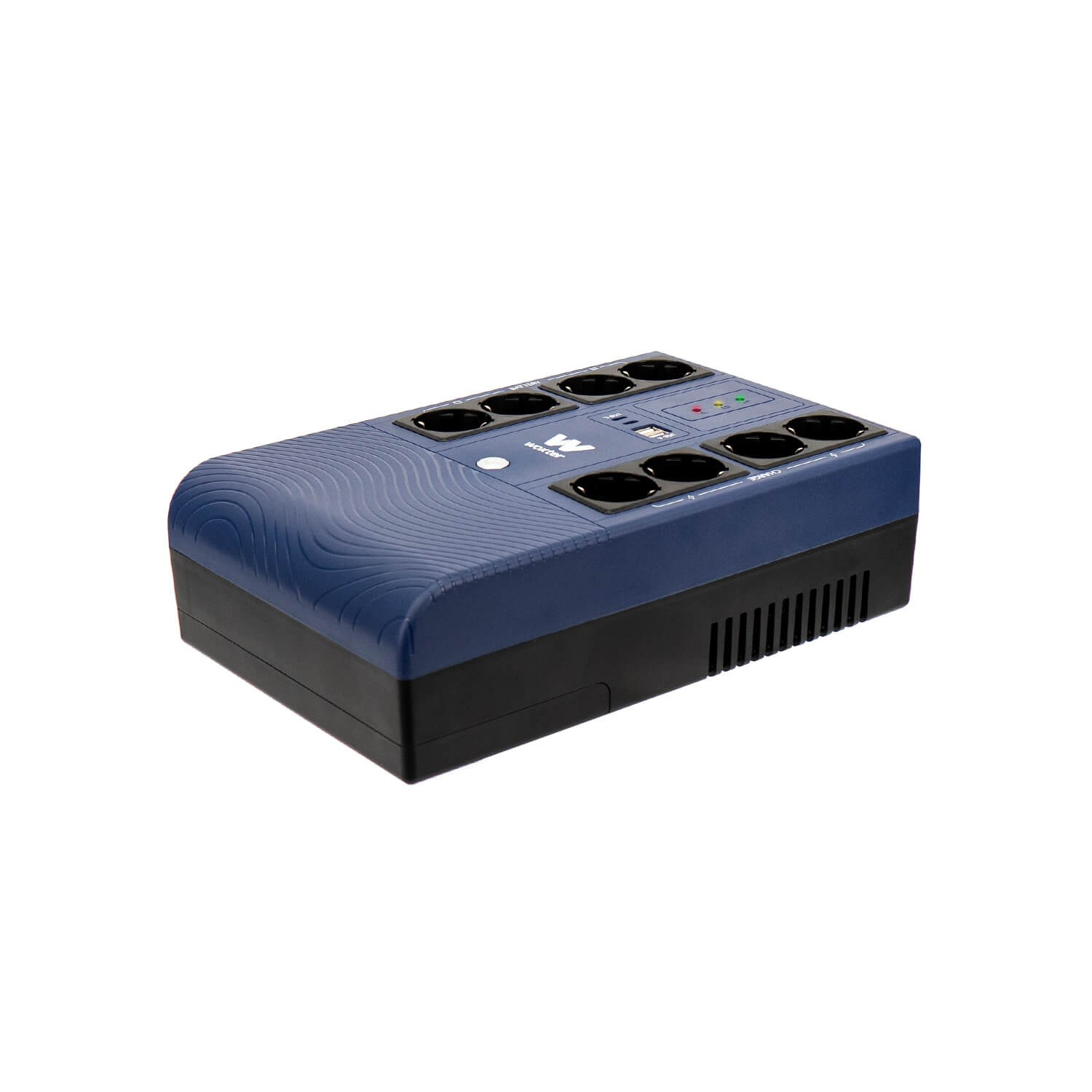 Regleta azul y negra con múltiples enchufes. Tiene una pantalla digital y un patrón de ondas en la parte superior.
