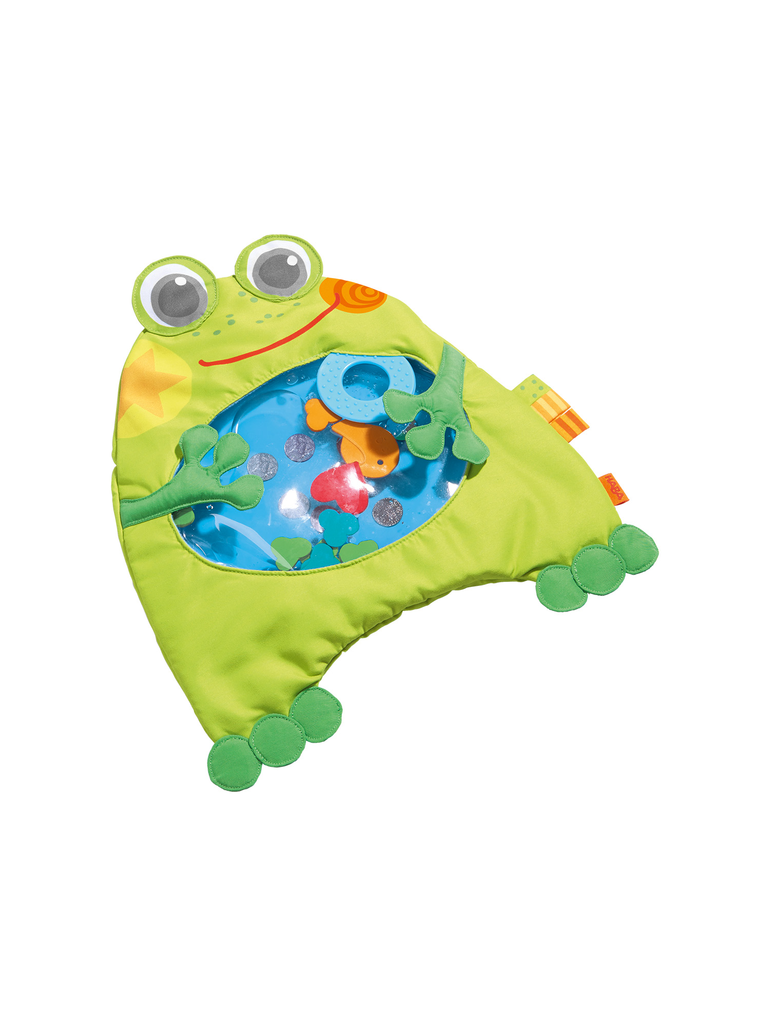 Ein grünes, froschförmiges Babyspielzeug mit blauem, wassergefülltem Zentrum. Im Inneren sind bunte Formen und ein Fischspielzeug zu sehen.