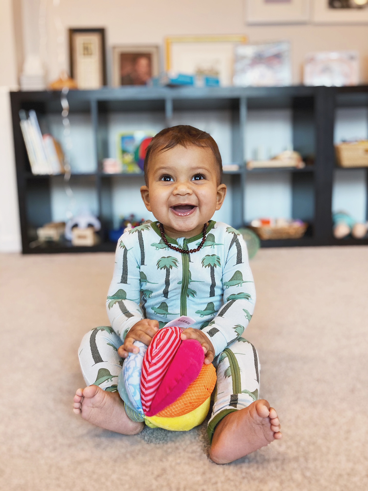 Ein lächelndes Baby sitzt und hält einen bunten Ball. Das Baby, in einem blauen Dinosaurier-Strampler, blickt nach oben. Regale und gerahmte Kunstwerke sind im Hintergrund.