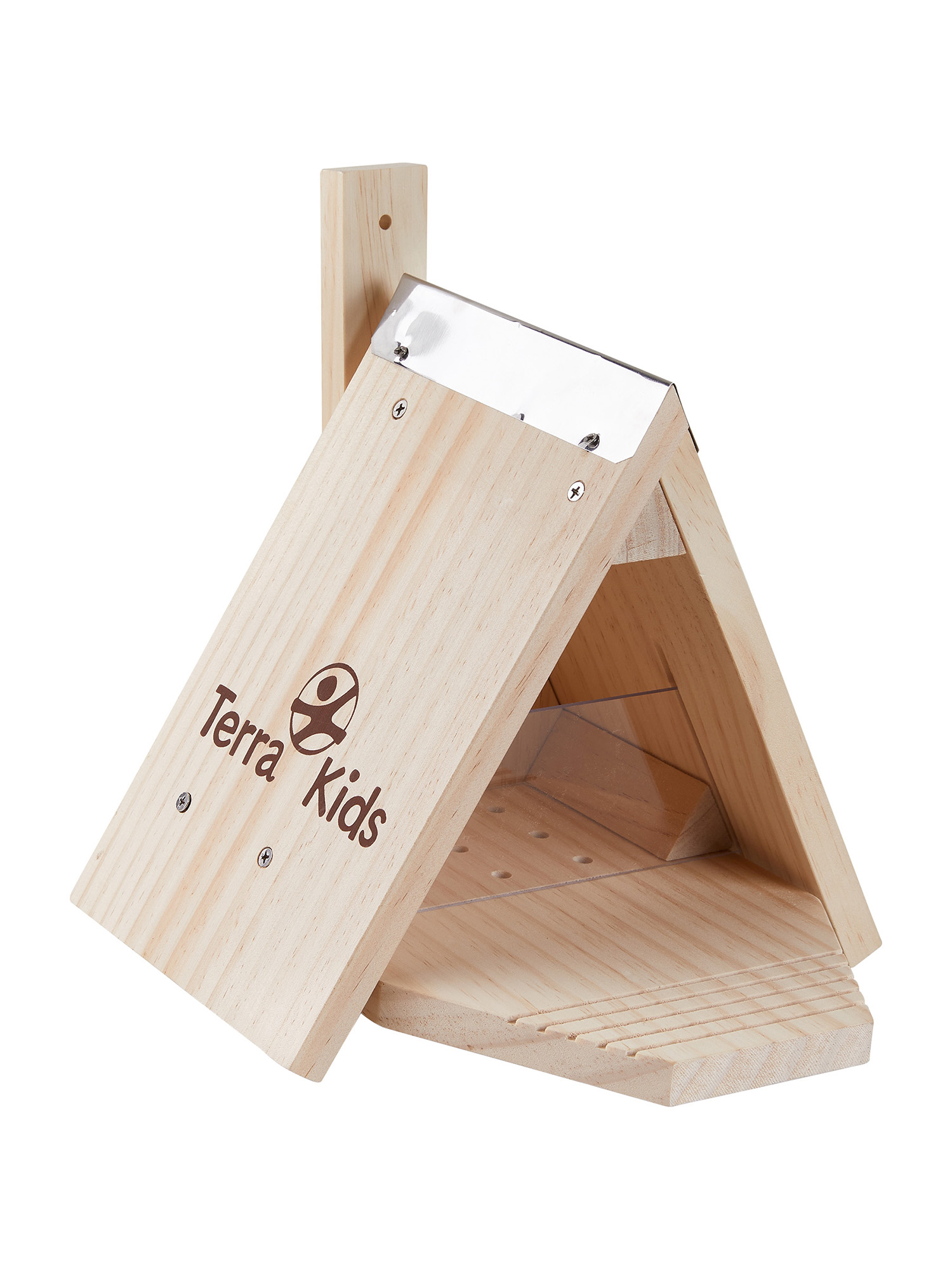 Vogelhaus aus Holz mit klarem Kunststoffdach und Frontplatte, mit dem Logo 'Terra Kids'.