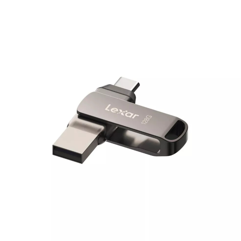 Una unidad USB Lexar plateada con conector USB-C y USB-A. Tiene 'Lexar' y '128G' impresos en el lateral.