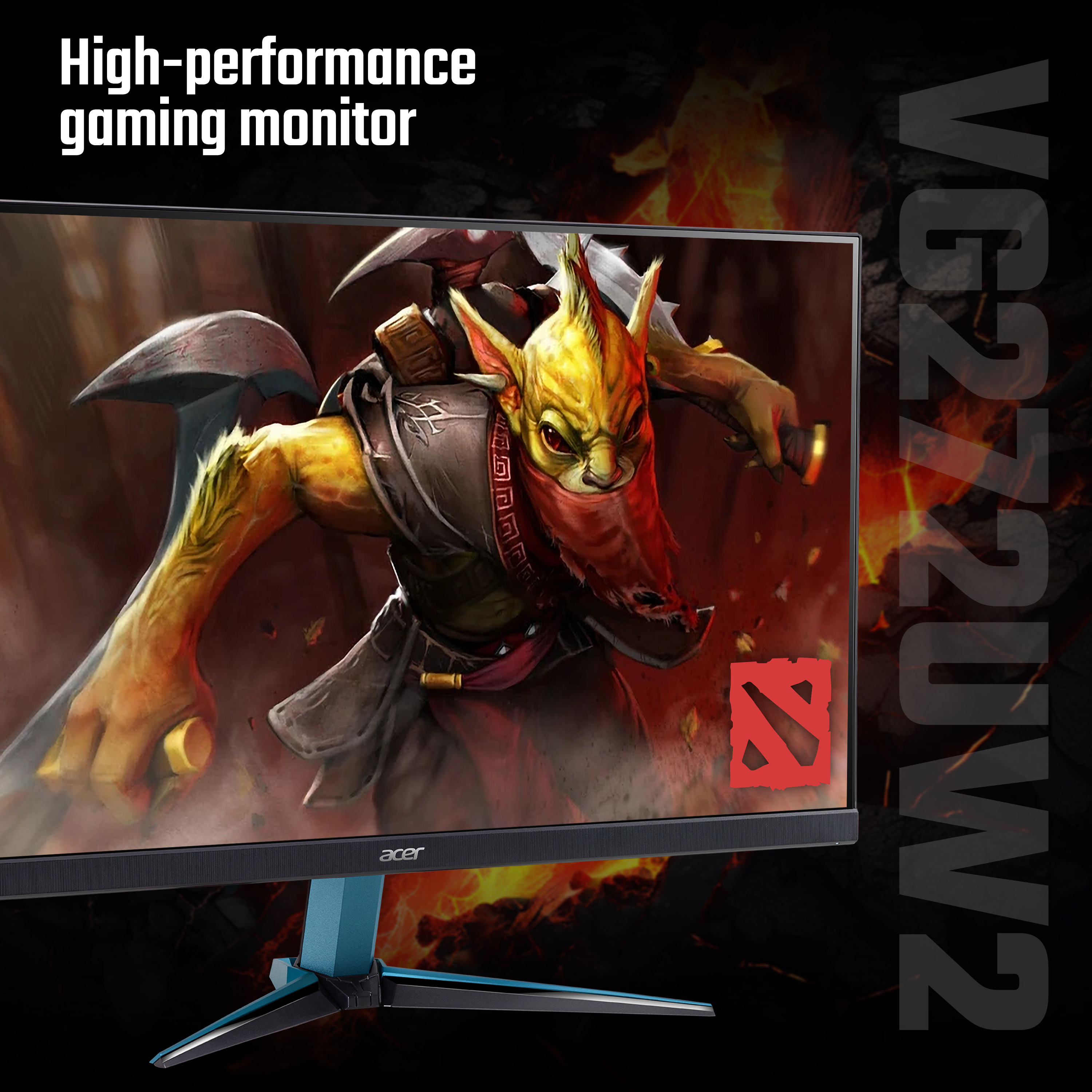 Il monitor da gioco mostra un personaggio di DOTA 2. Il testo recita 'High-performance gaming monitor'. Logo Acer in basso.