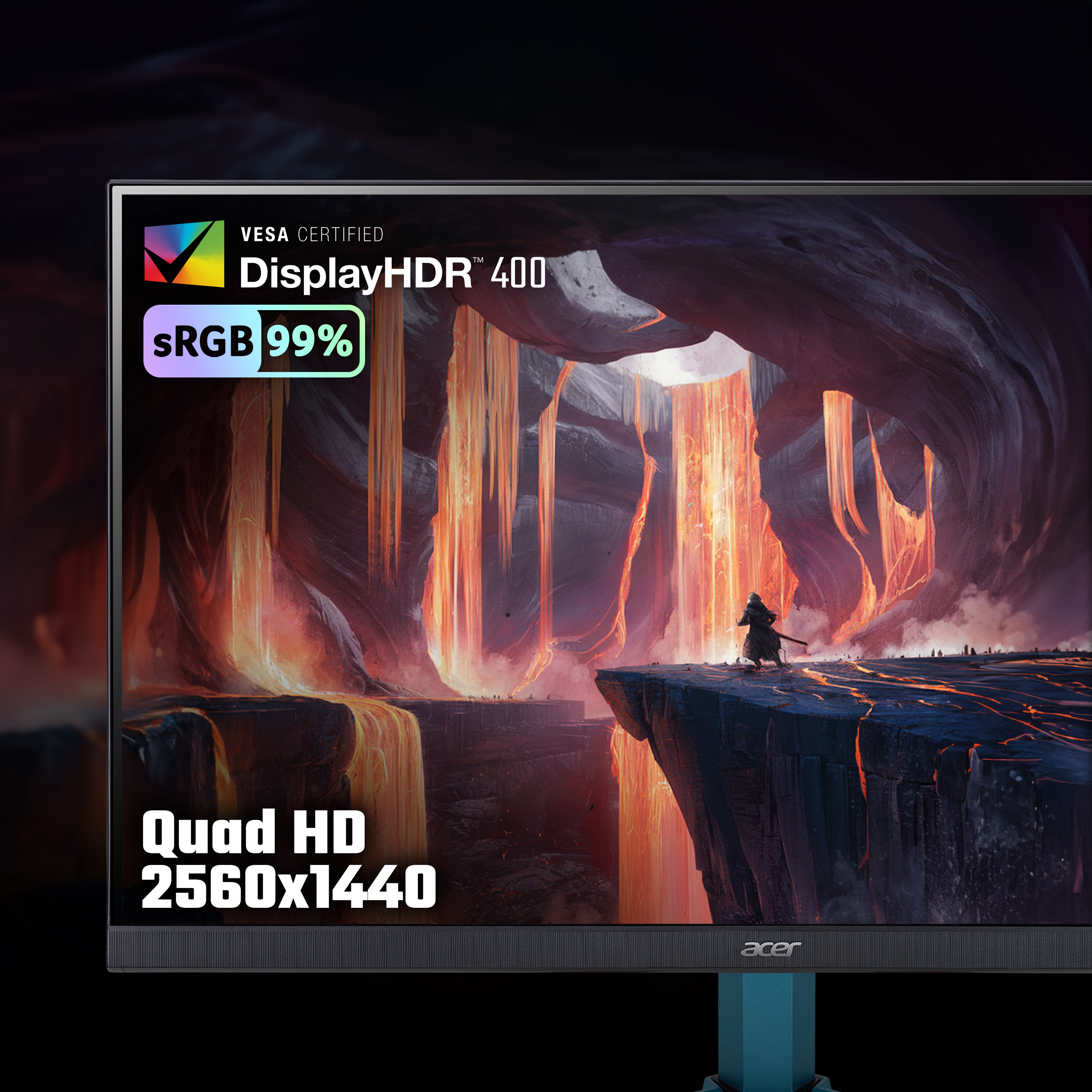 Un monitor mostra un paesaggio infuocato con una figura su una scogliera. Le specifiche includono sRGB 99%, Quad HD e il marchio Acer.