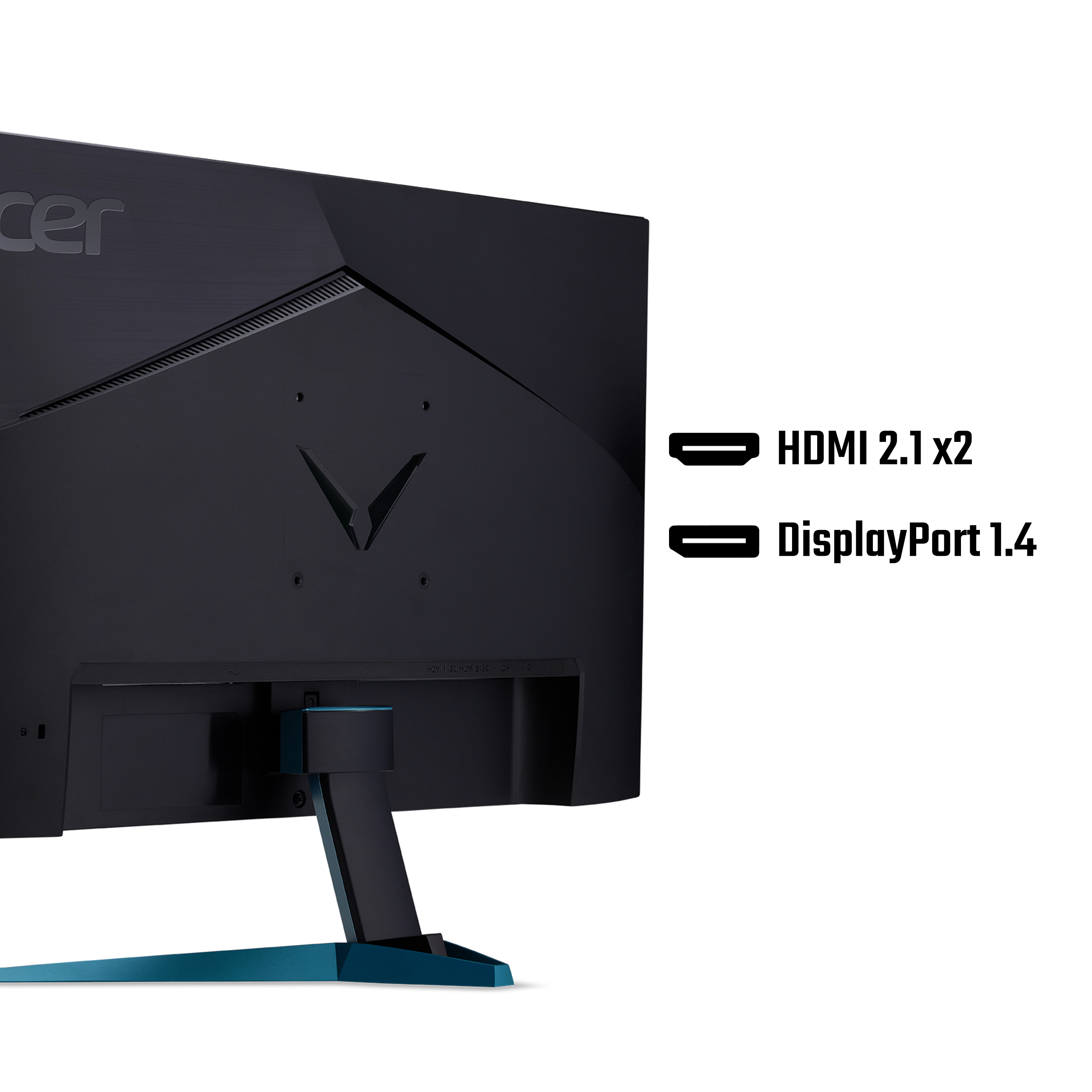 Retro di monitor nero con logo Acer. Porte HDMI e DisplayPort. Supporto blu. Sfondo bianco.