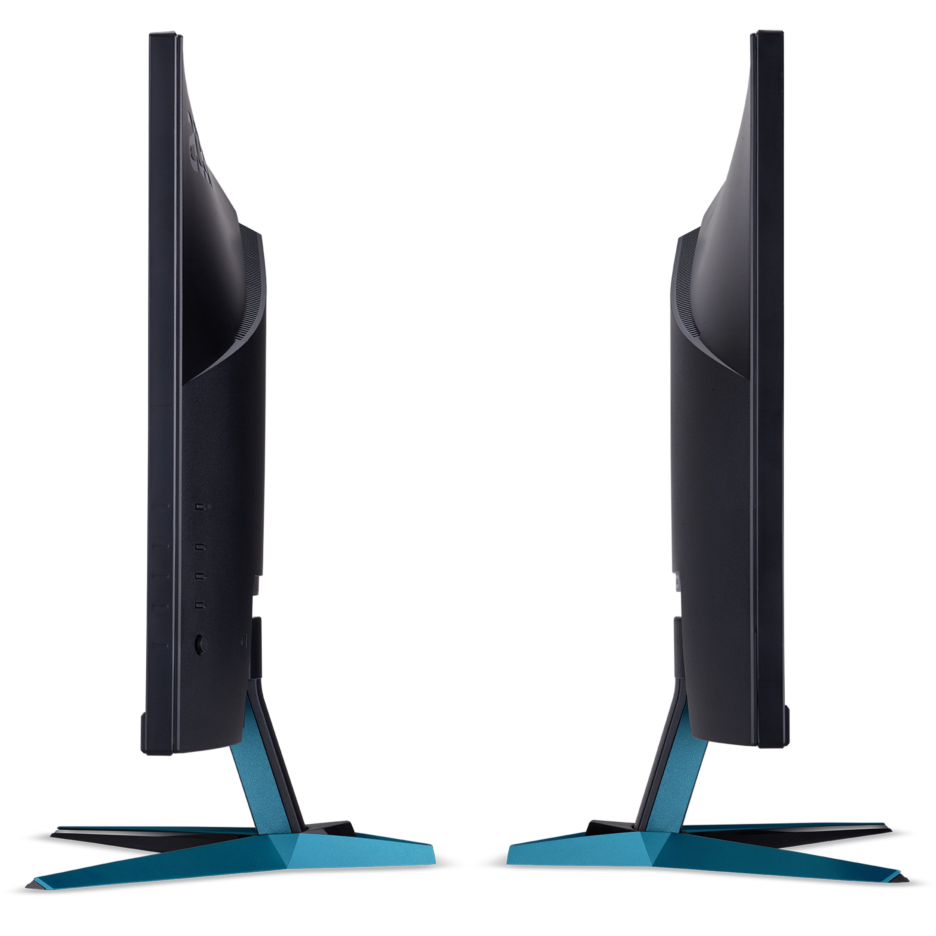 Due monitor di computer neri affiancati, con supporti blu, su sfondo bianco.