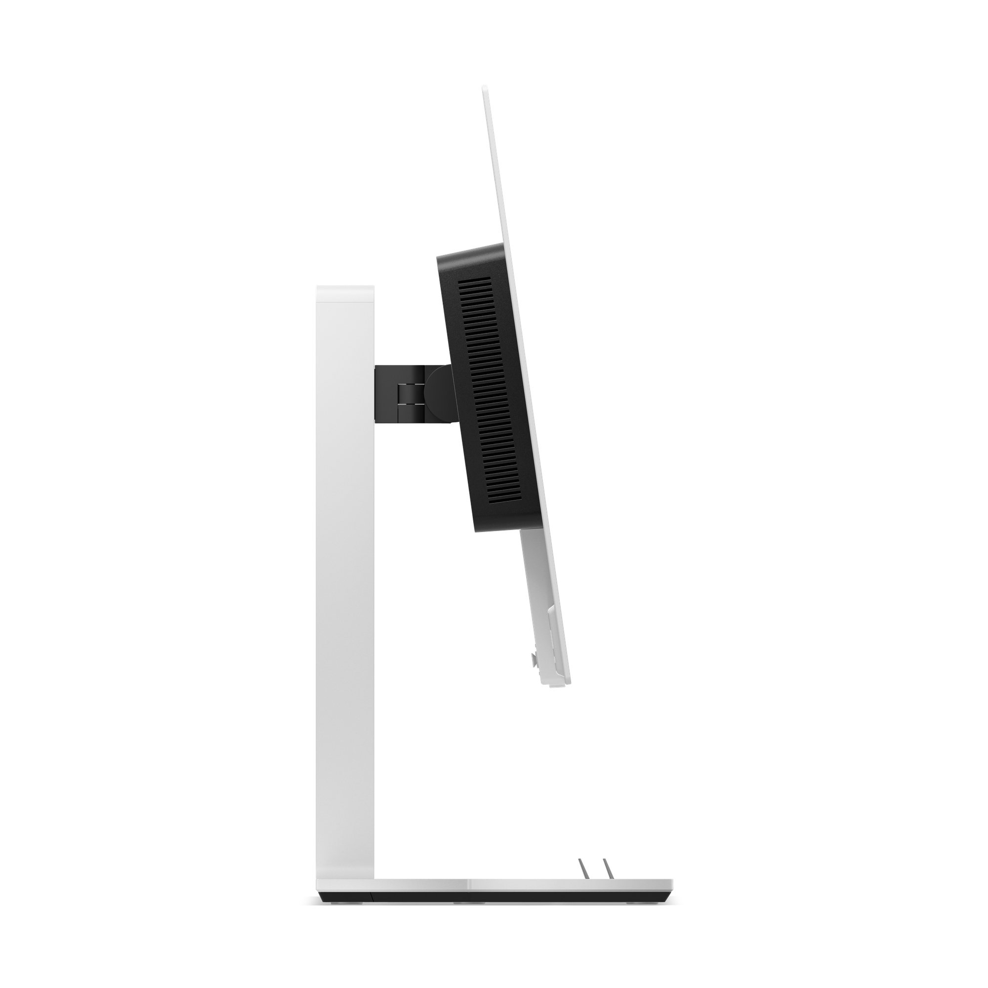 Biały monitor komputera jest pokazany z boku. Ekran jest czarny, a podstawa biała. Tło jest białe.
