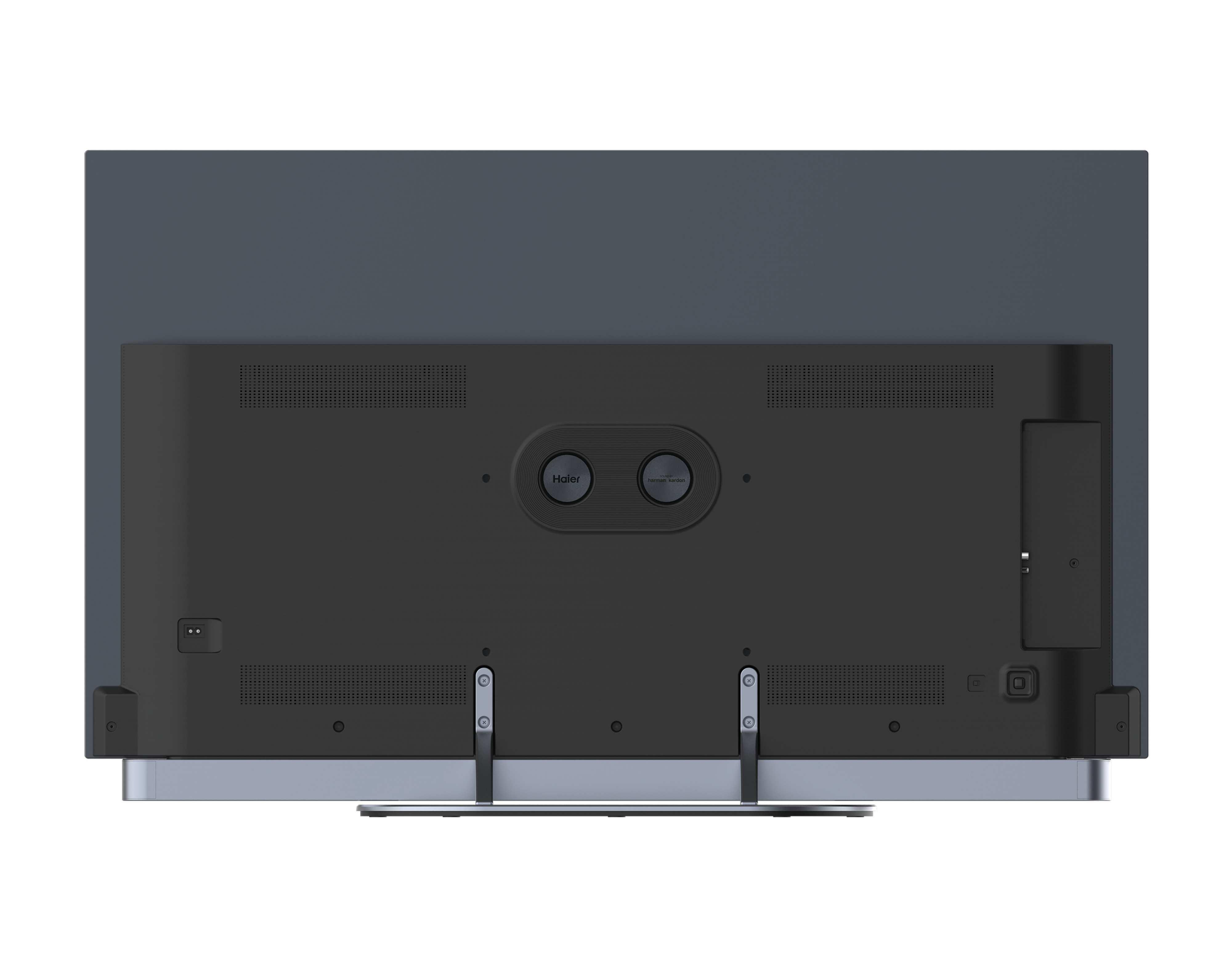 Vista posteriore di una TV nera con supporto argentato. Ha logo Haier e varie porte.