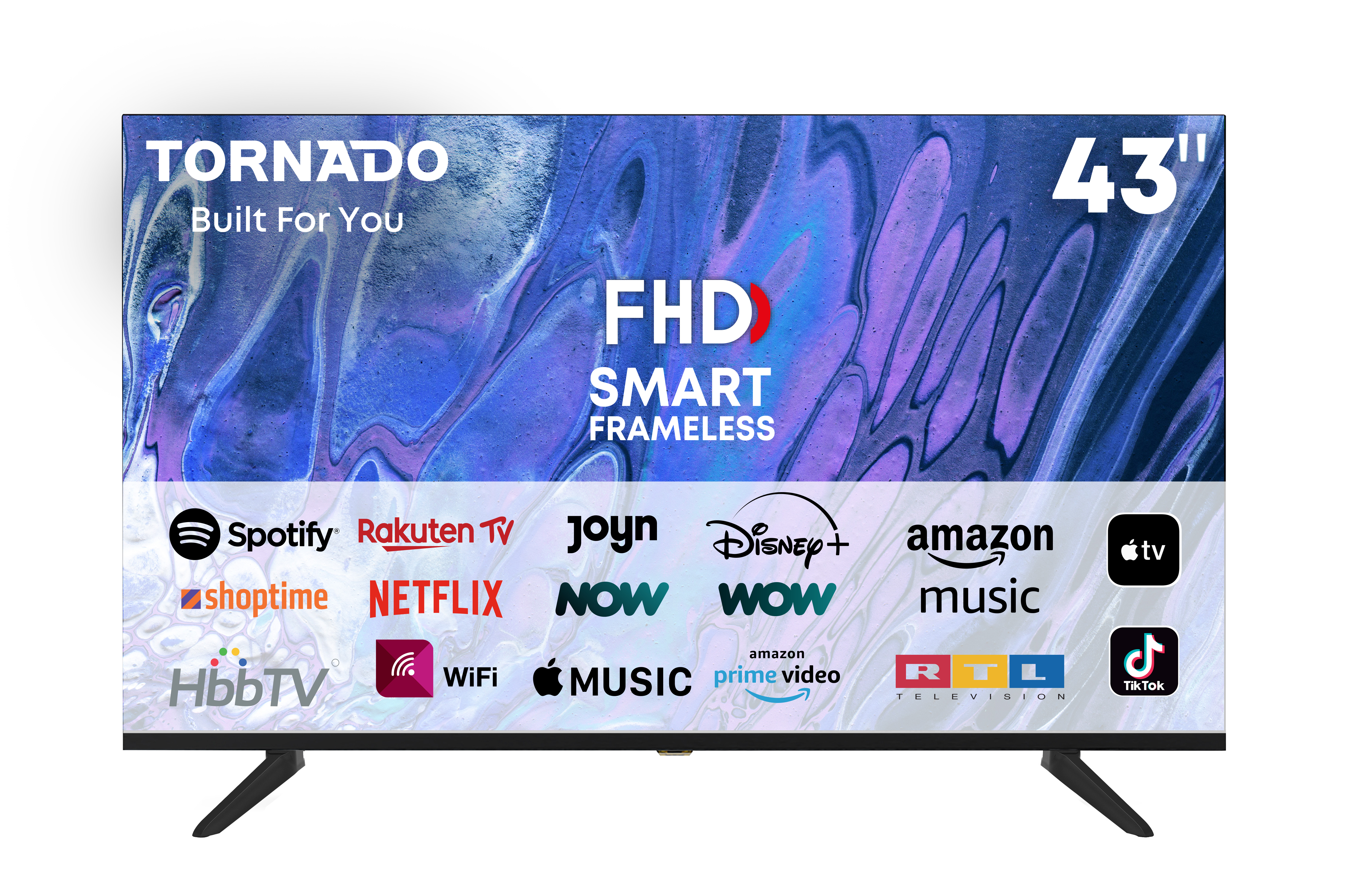 Ein 43-Zoll-Tornado-Fernseher mit blauem, abstraktem Hintergrund. Logos für Streaming-Dienste unten.