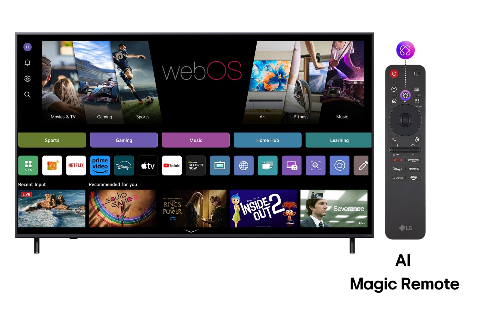 Un televisore mostra webOS, icone di app e programmi consigliati. Un telecomando AI Magic è mostrato a destra.