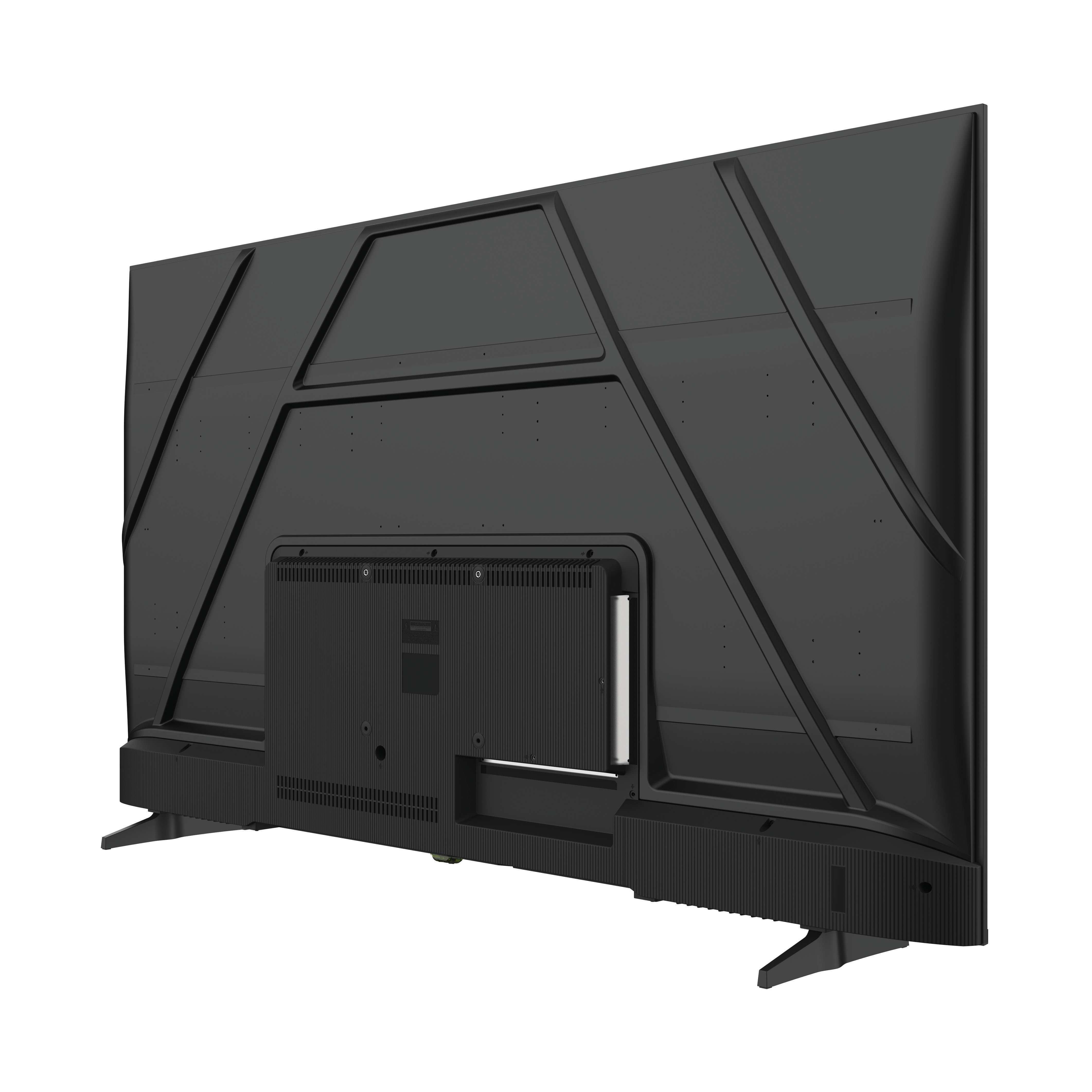 Parte trasera de un televisor negro. Tiene un patrón geométrico. El soporte es negro. El fondo es blanco.