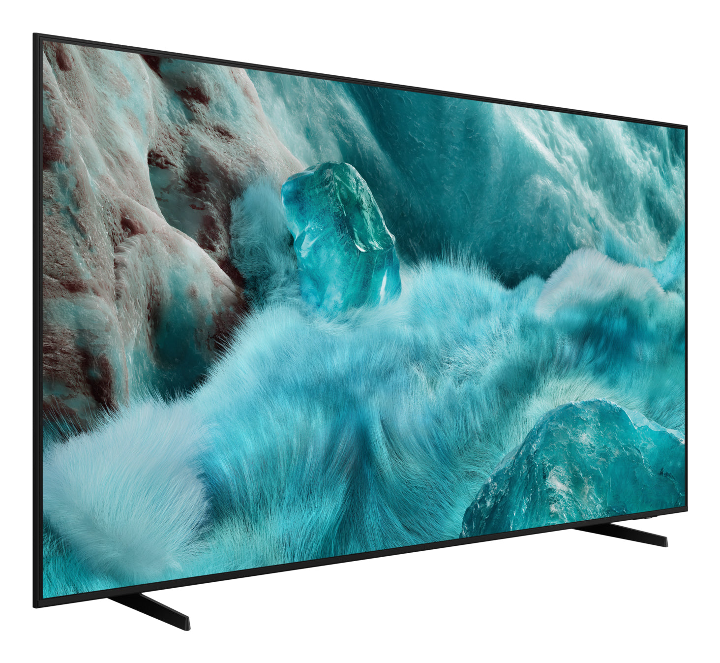 Un grande televisore mostra un'immagine astratta blu e bianca. La TV è nera con gambe nere. Lo sfondo è bianco.