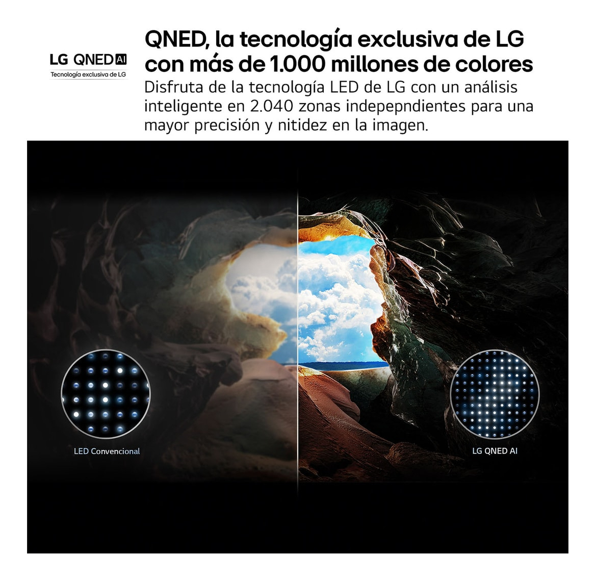 Obraz przedstawia technologię LG QNED AI, porównując konwencjonalny LED z QNED AI. Zawiera tekst o kolorach i analizie LED dla precyzji obrazu.