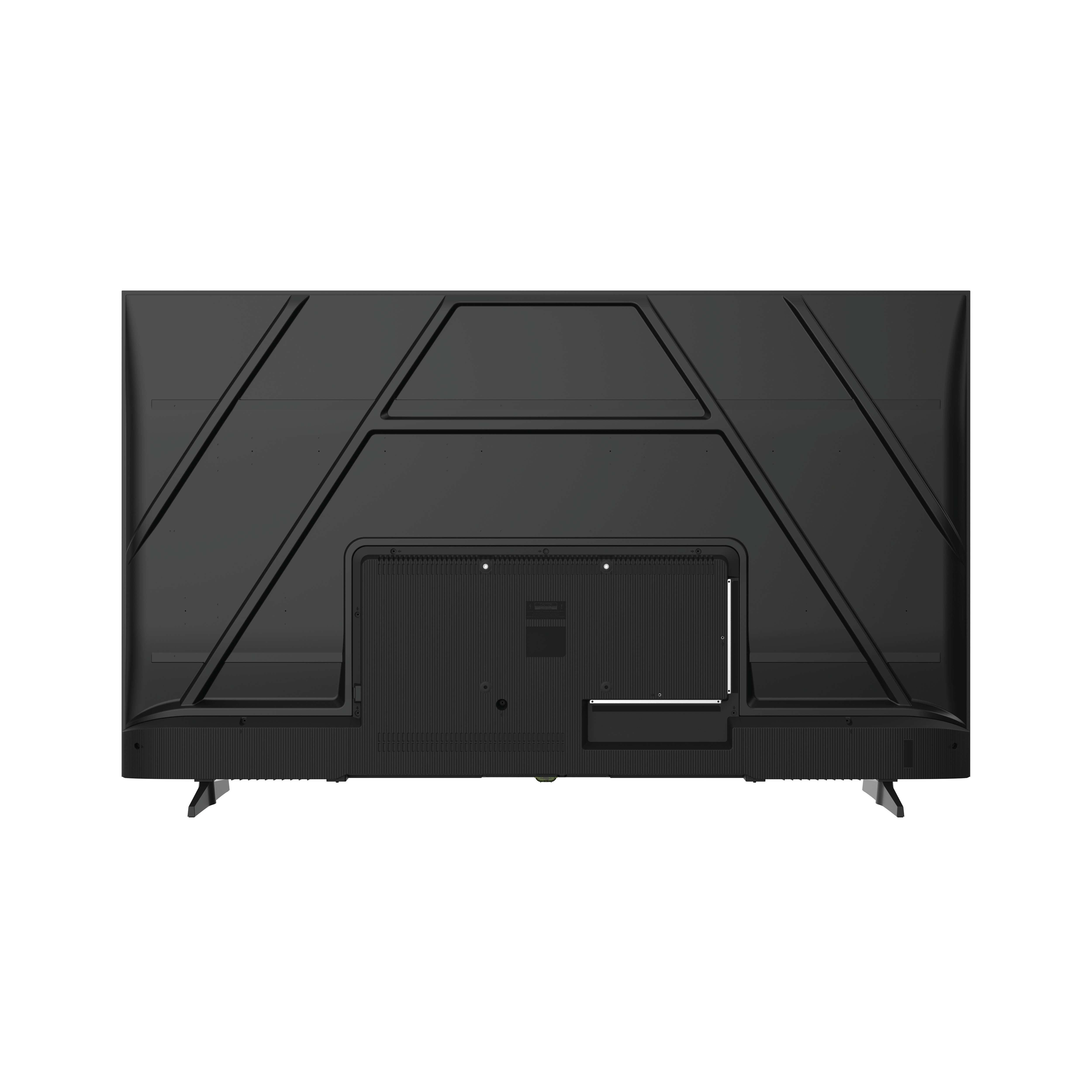 Parte trasera de un televisor negro. Presenta un diseño geométrico y tiene un soporte. Fondo blanco.