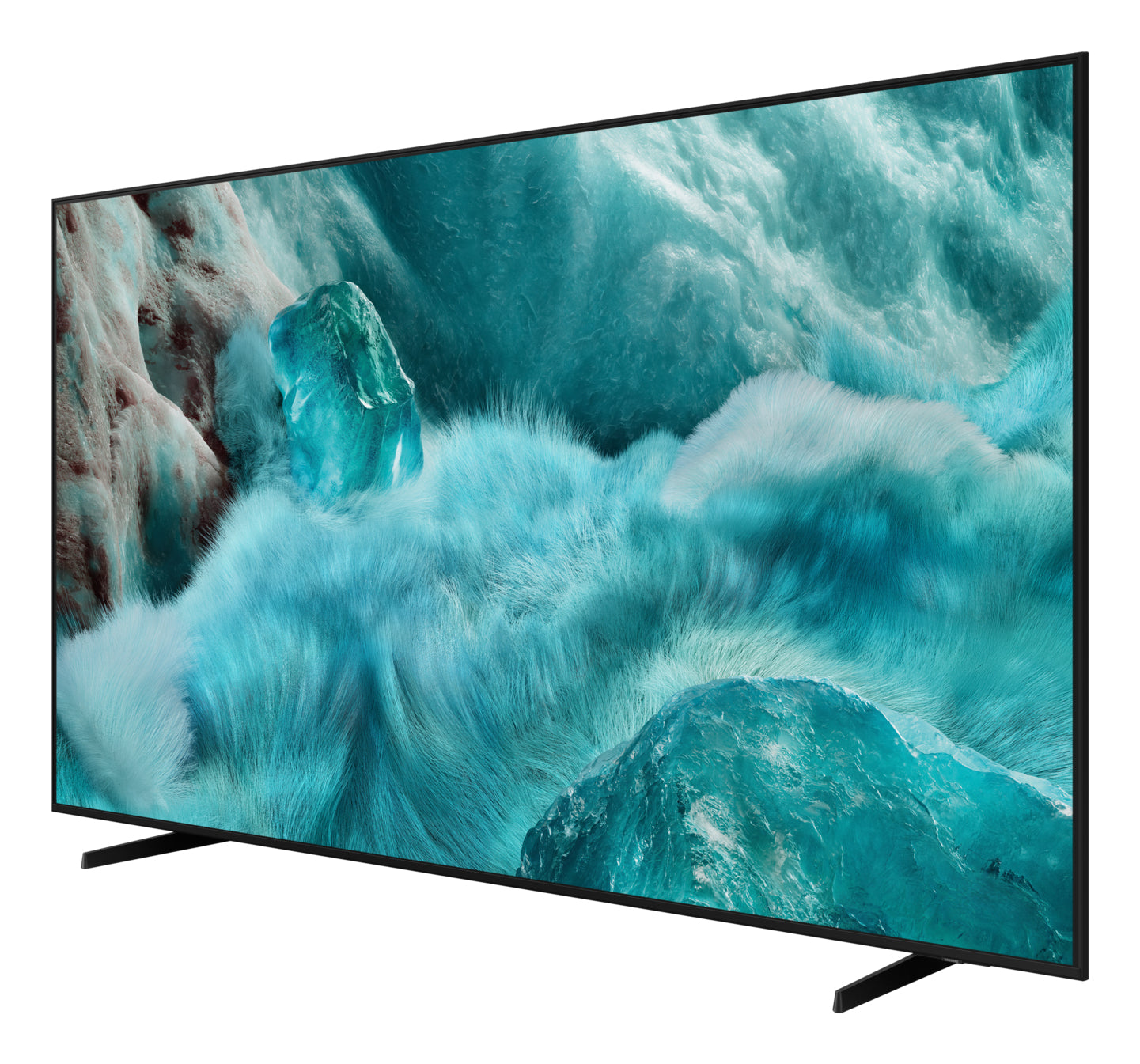 Una grande TV mostra un'immagine astratta, toni blu, con texture di finta pelliccia ed elementi cristallini. La TV ha una cornice nera.