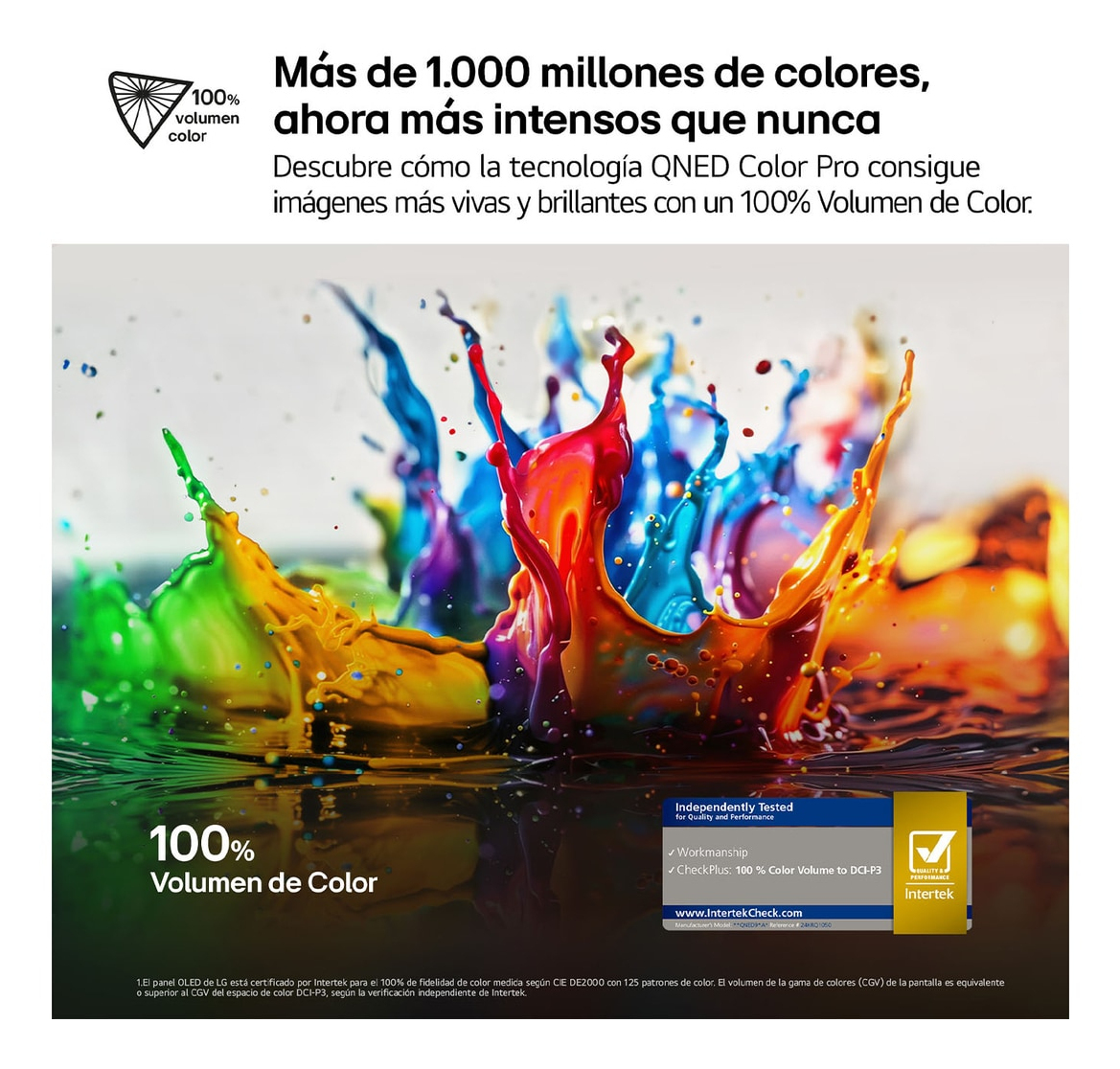 Kolorowy rozprysk farby z tekstem o gamie kolorów i certyfikatem Intertek jakości.