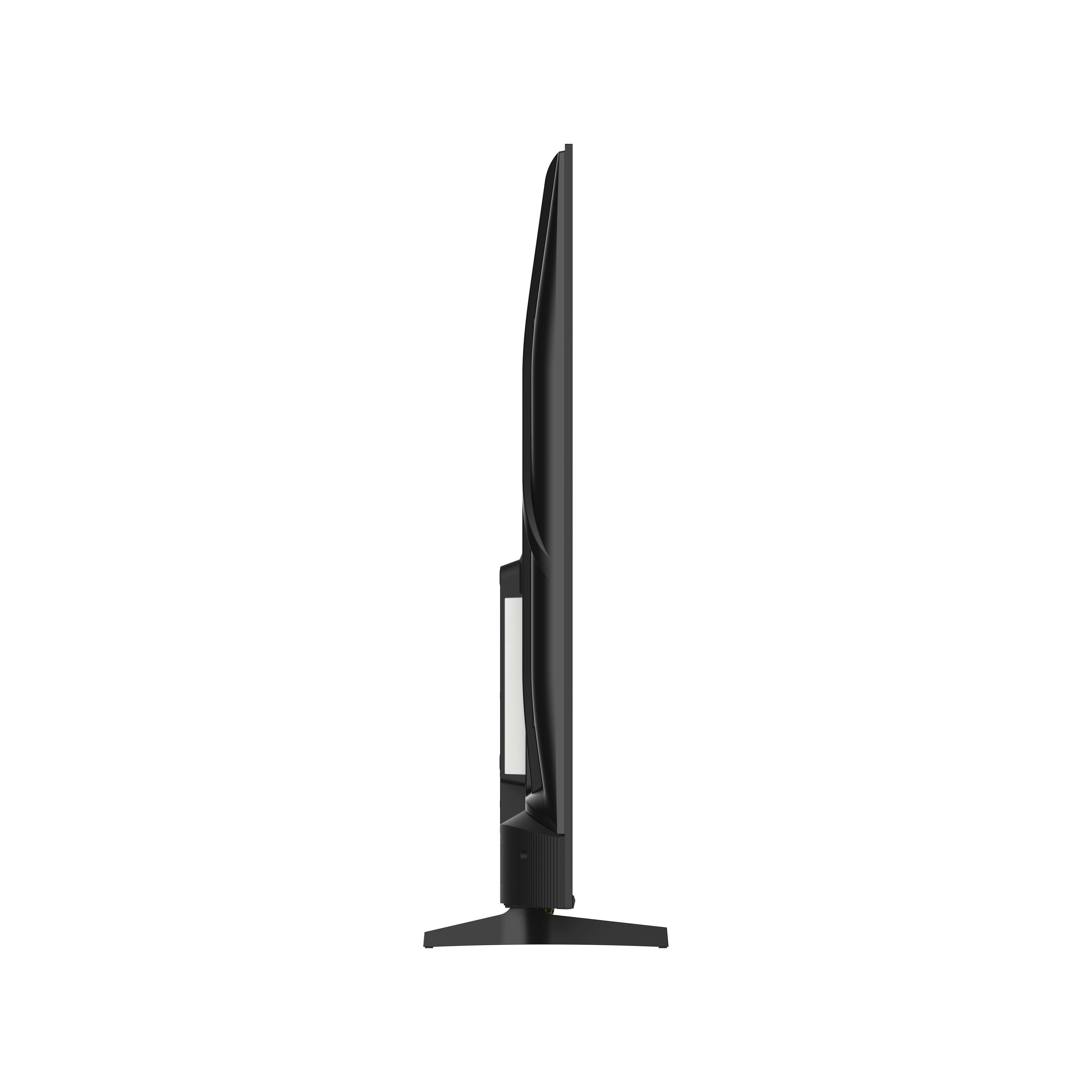 Vista lateral de un televisor negro. Tiene un perfil delgado y una pantalla rectangular.