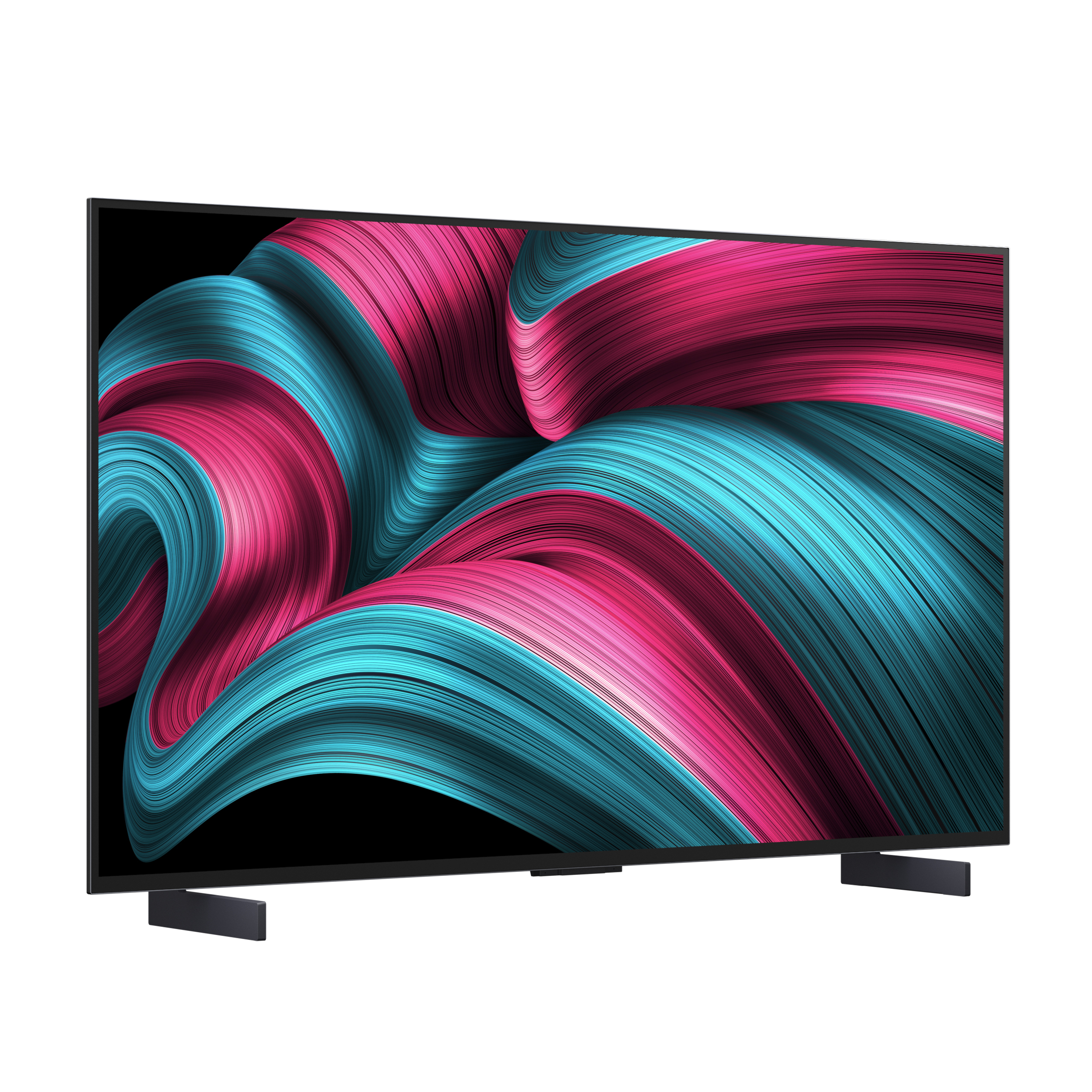 Un téléviseur à écran plat affiche un motif tourbillonnant de rose et de turquoise sur fond noir. Le téléviseur repose sur deux pieds noirs.