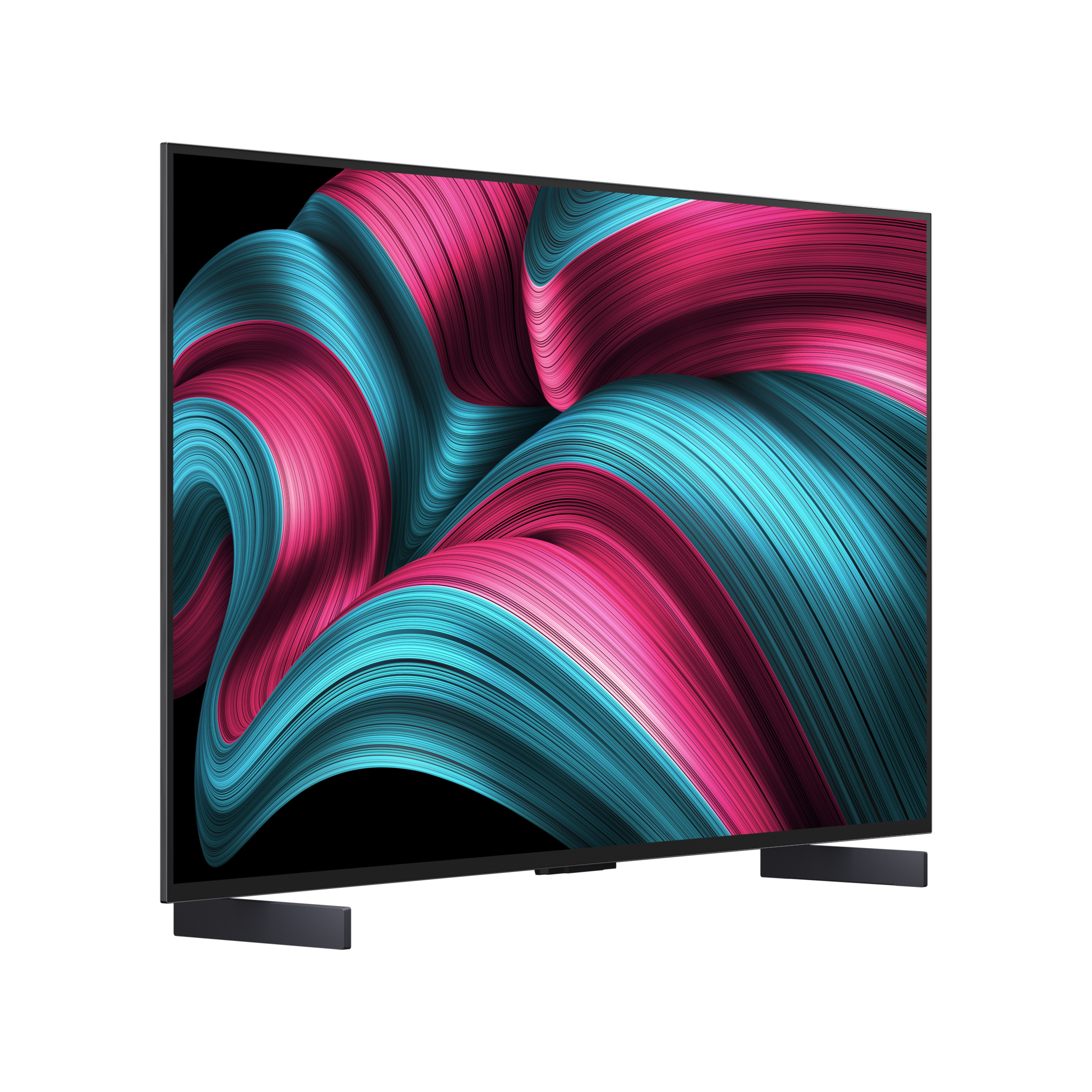 Uno schermo TV mostra arte astratta rosa e verde acqua vorticosa, su sfondo bianco. La TV è nera, con supporto nero.