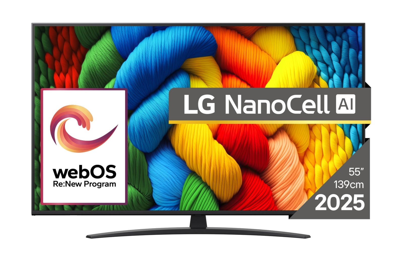 Telewizor LG NanoCell z webOS. Wyświetlacz pokazuje kolorowe nici i szczegóły, jak '55" 139cm 2025'.