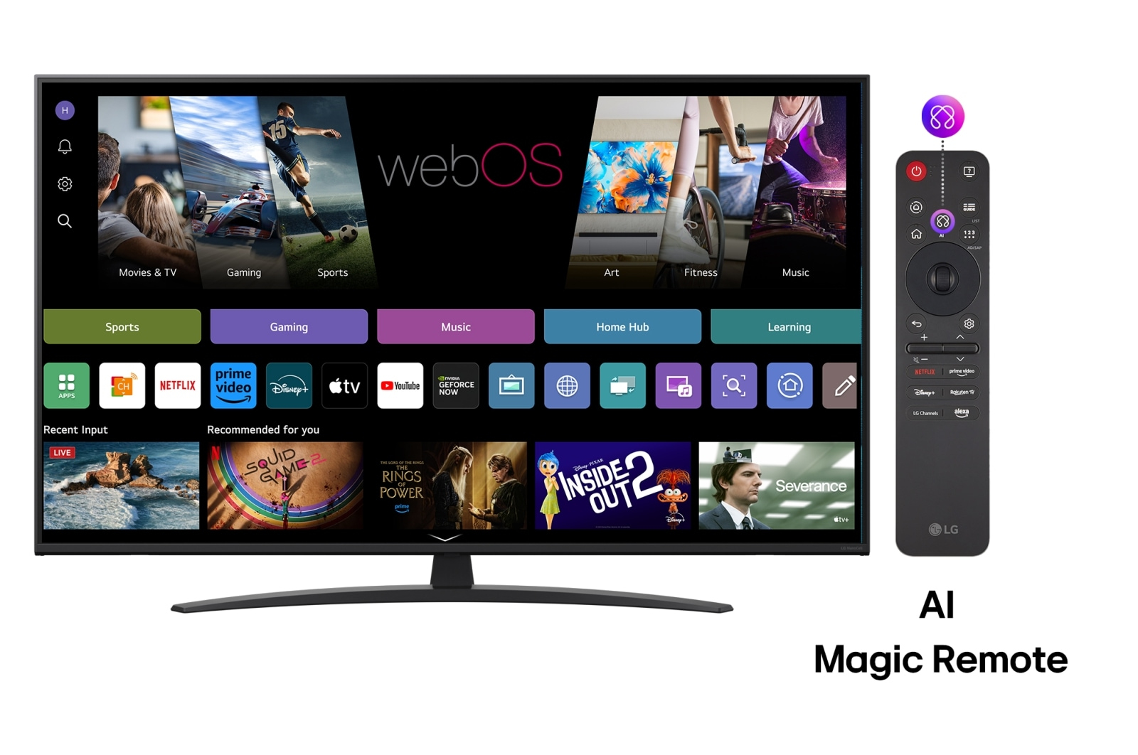 Telewizor LG z interfejsem webOS, opcjami sportu, gier i aplikacji. Zawiera AI Magic Remote.
