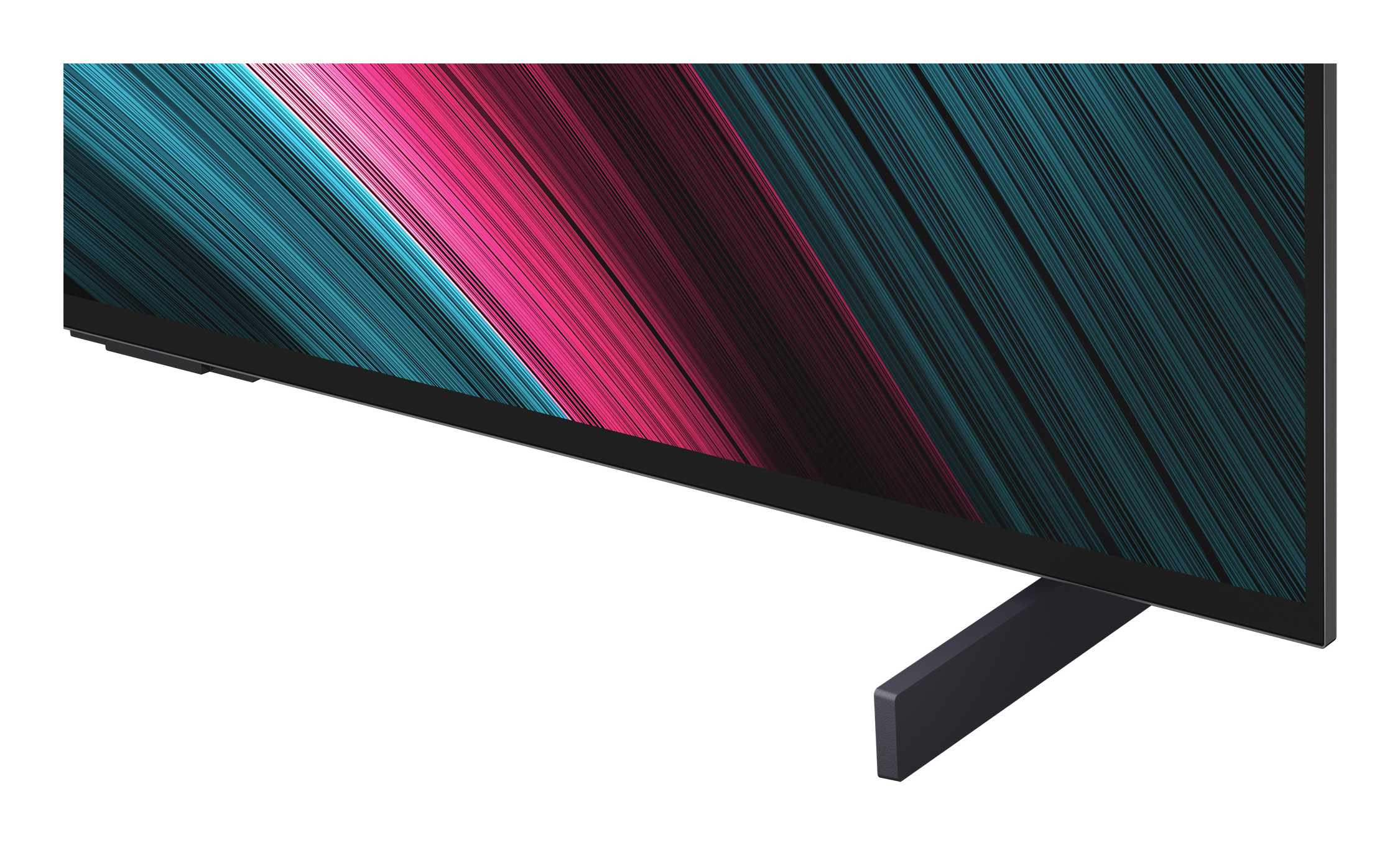 Una moderna TV con cornice e supporto neri. Lo schermo mostra un colorato motivo astratto di linee diagonali turchese e rosa.