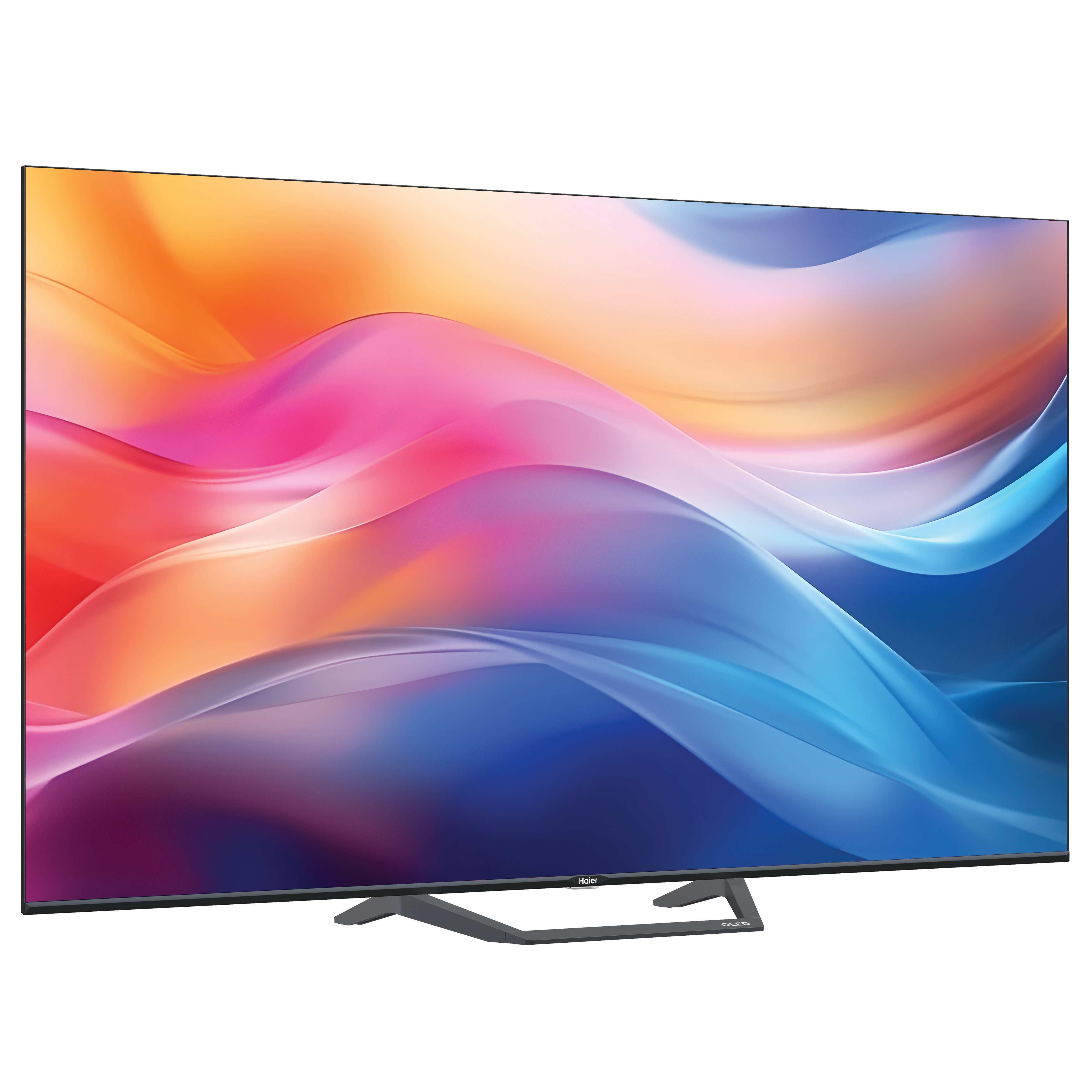 Un televisore moderno e grande mostra un'immagine astratta colorata. La TV è nera con un supporto grigio scuro.