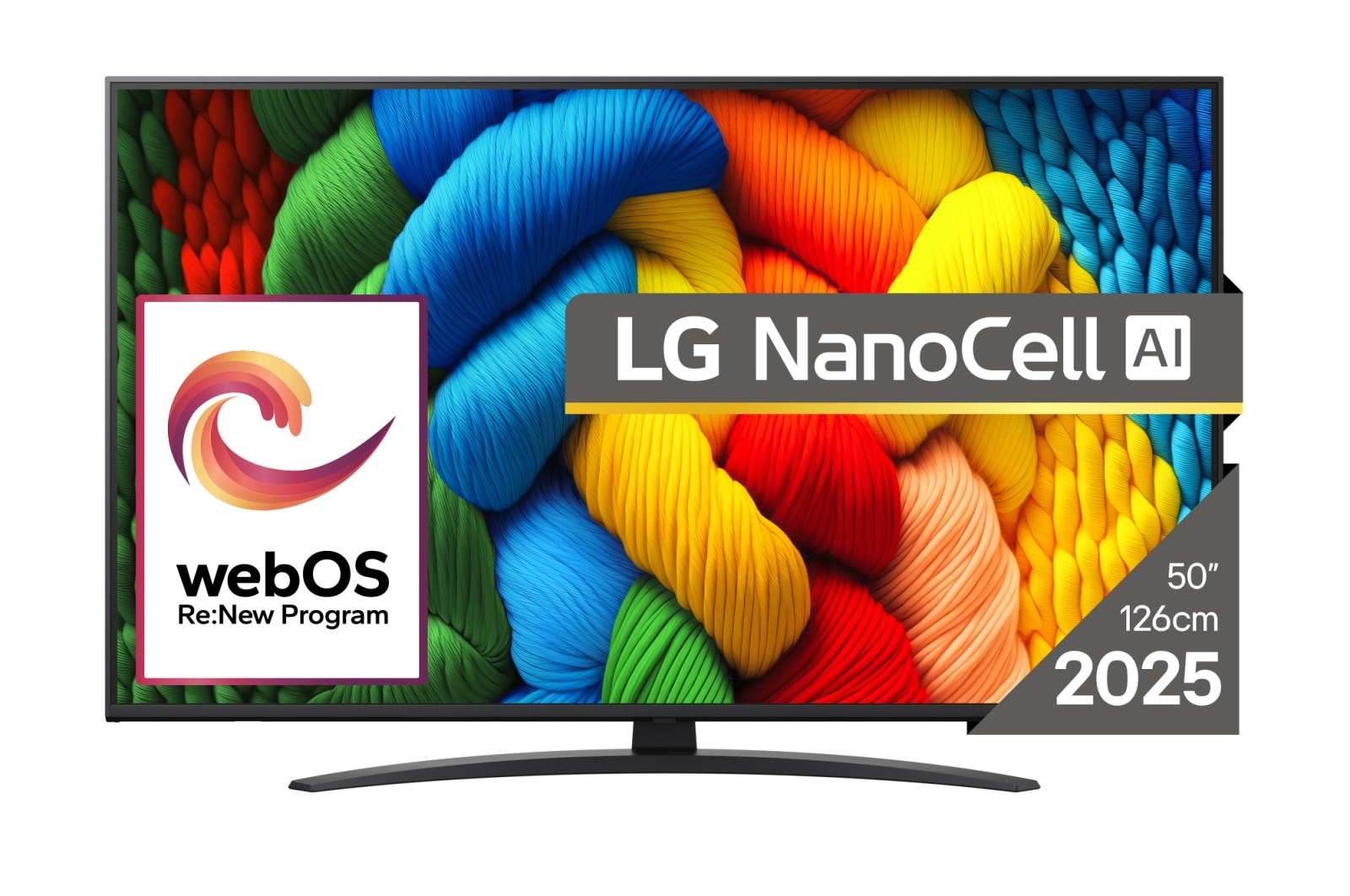 Telewizor LG NanoCell AI z kolorowym tłem. Ma logo webOS i wyświetla "50" 126cm 2025". Zakrzywiony czarny stojak.
