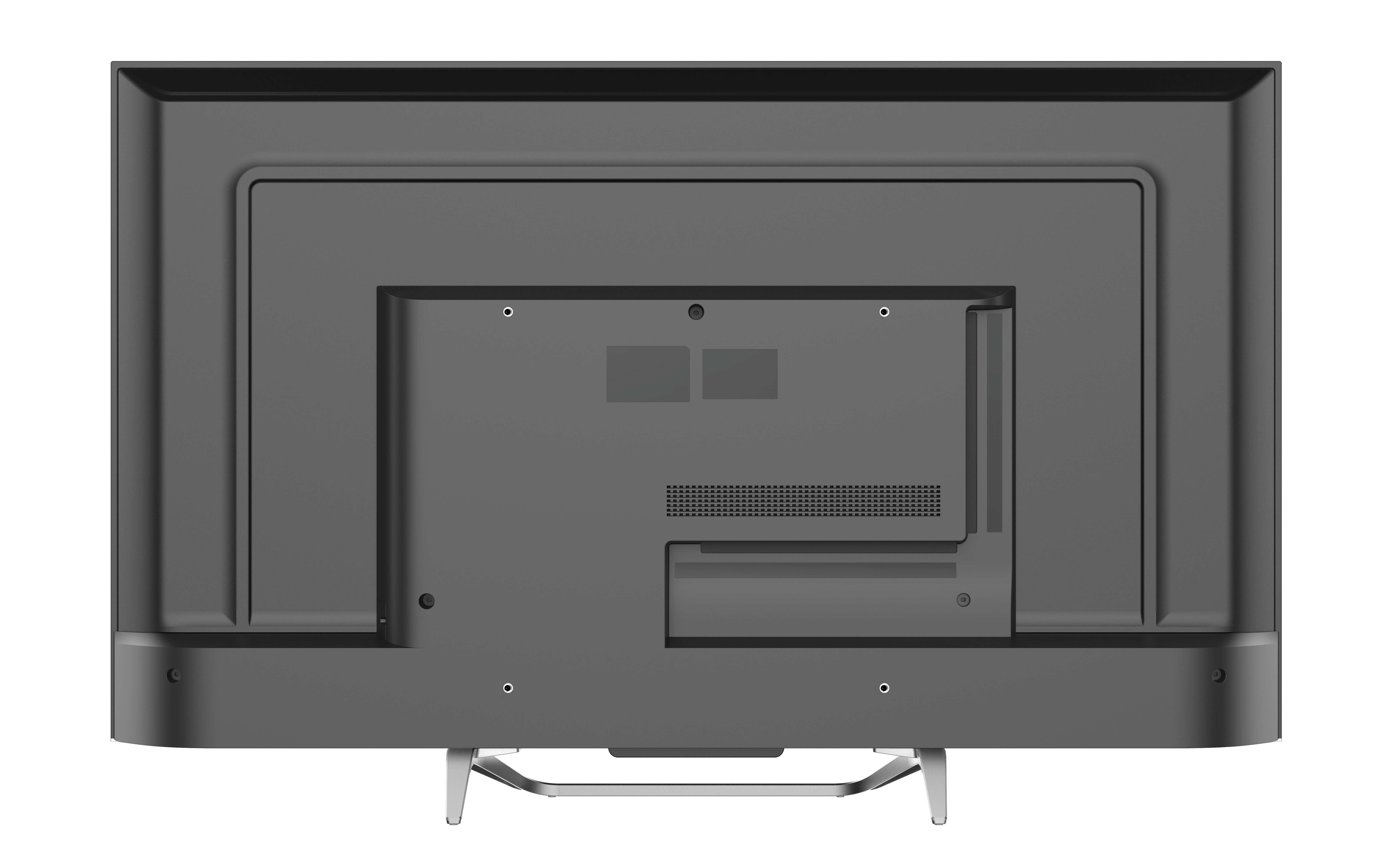 Tył ciemnoszarego telewizora z płaskim ekranem. Posiada różne wpuszczane sekcje, otwory wentylacyjne, porty i dwie srebrne nóżki.
