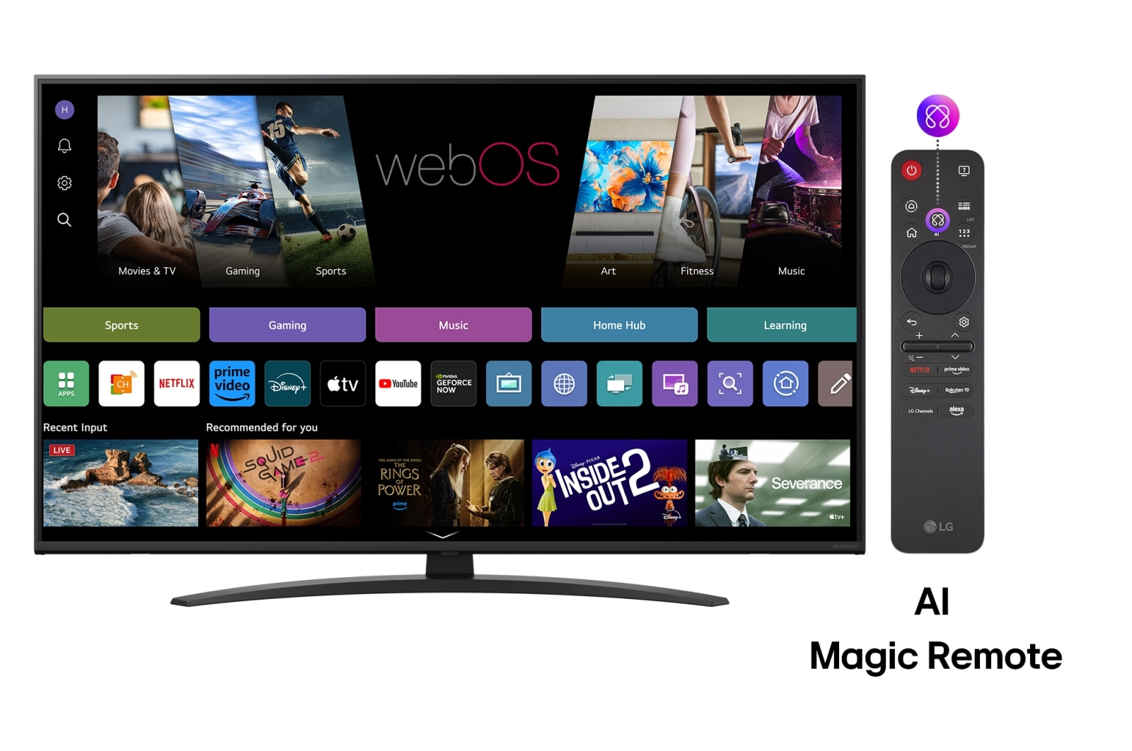 Telewizor wyświetla interfejs webOS ze sportem, filmami i aplikacjami. Pilot AI Magic jest po prawej.
