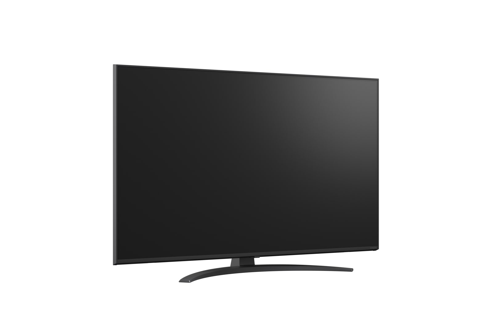 Czarny telewizor z płaskim ekranem stoi na zakrzywionej podstawie na białym tle.