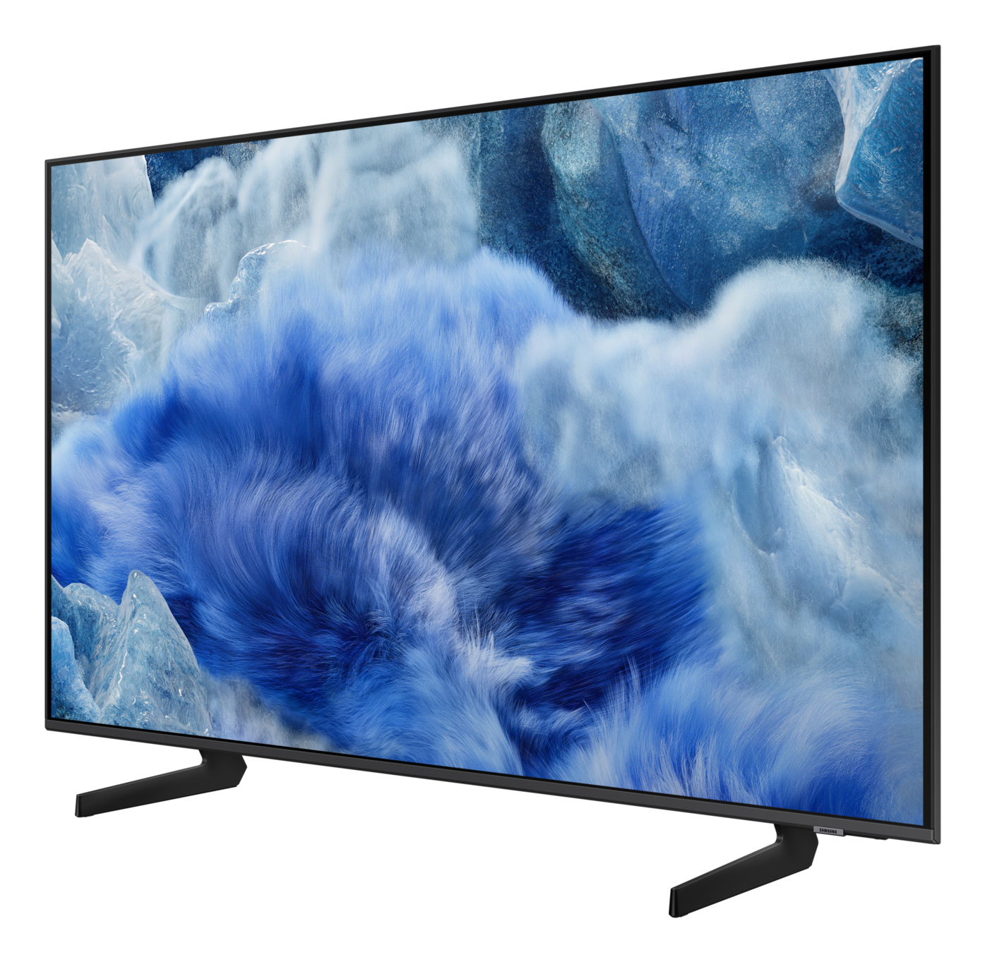 Ein moderner Fernseher zeigt ein blaues und weißes abstraktes Bild, das von schwarzen Beinen getragen wird. Der Bildschirm füllt das Bild aus.