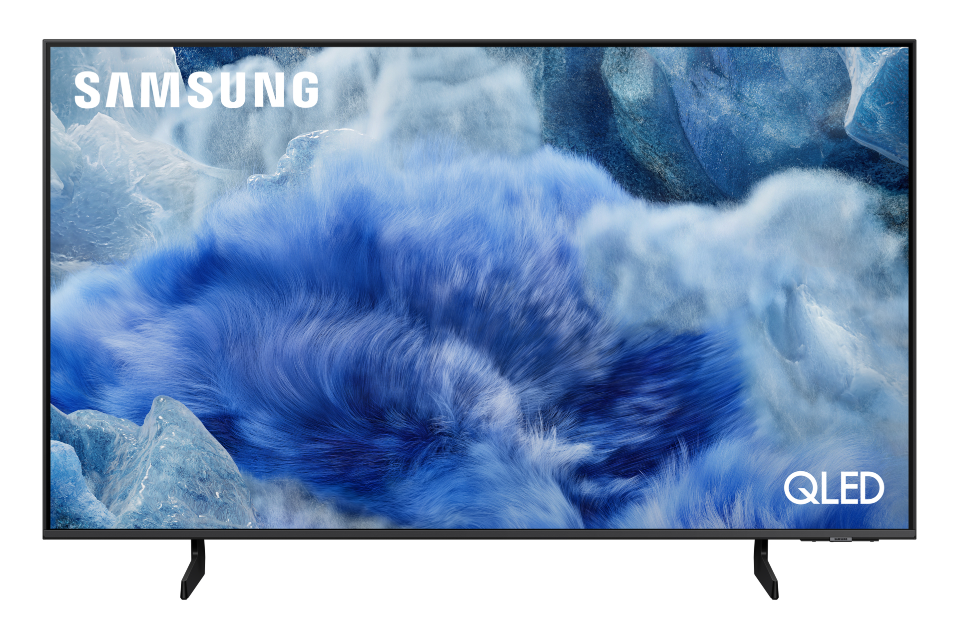 Ein Samsung QLED-Fernseher zeigt ein blaues, wolkenartiges Bild. Das Wort 'SAMSUNG' steht oben, und 'QLED' unten rechts.